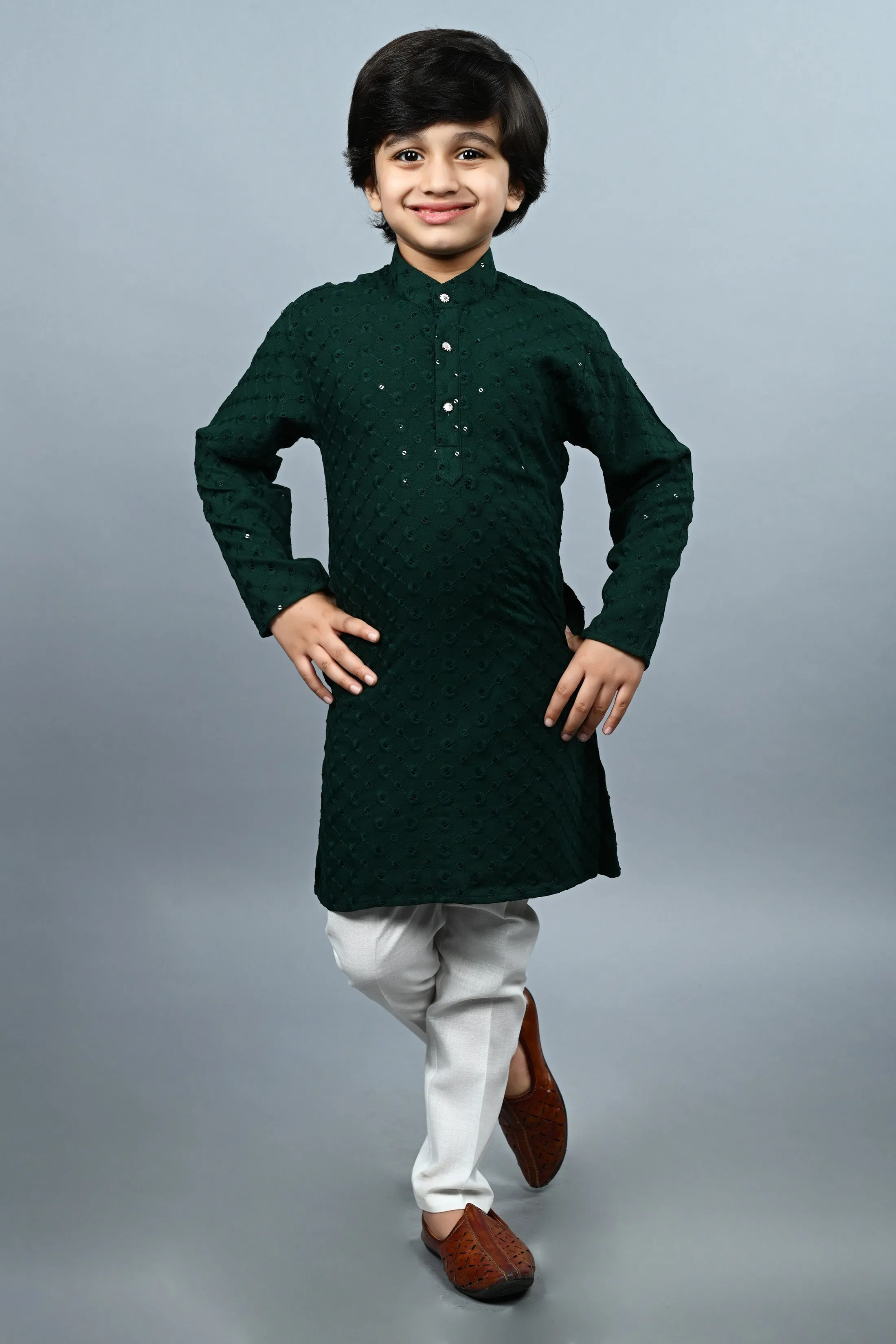 Ahhaaaa Kid's  Sequin Print Embroidery Mirror Work Kurta with Pajama for Boys