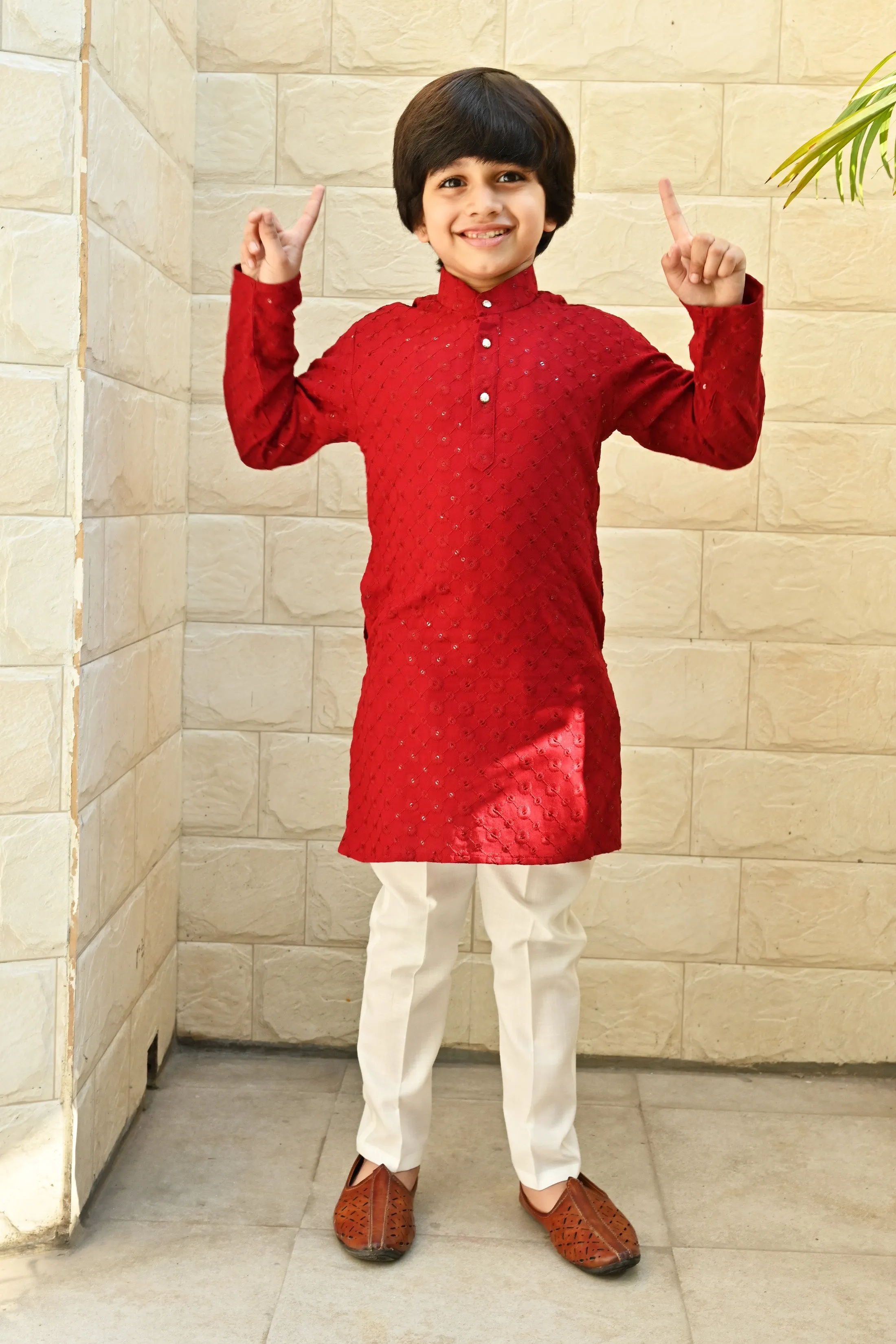 Ahhaaaa Kid's  Sequin Print Embroidery Mirror Work Kurta with Pajama for Boys