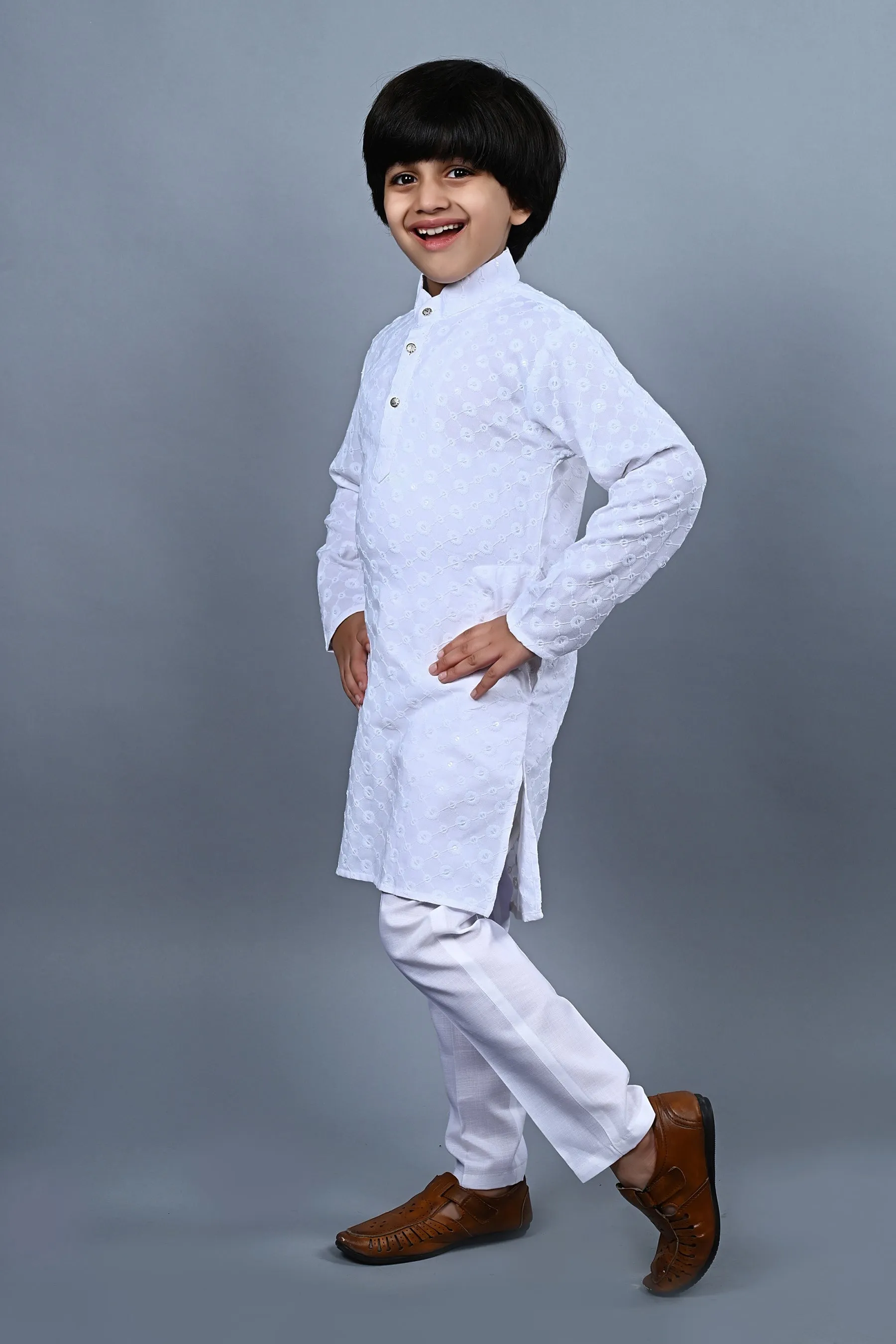 Ahhaaaa Kid's  Sequin Print Embroidery Mirror Work Kurta with Pajama for Boys