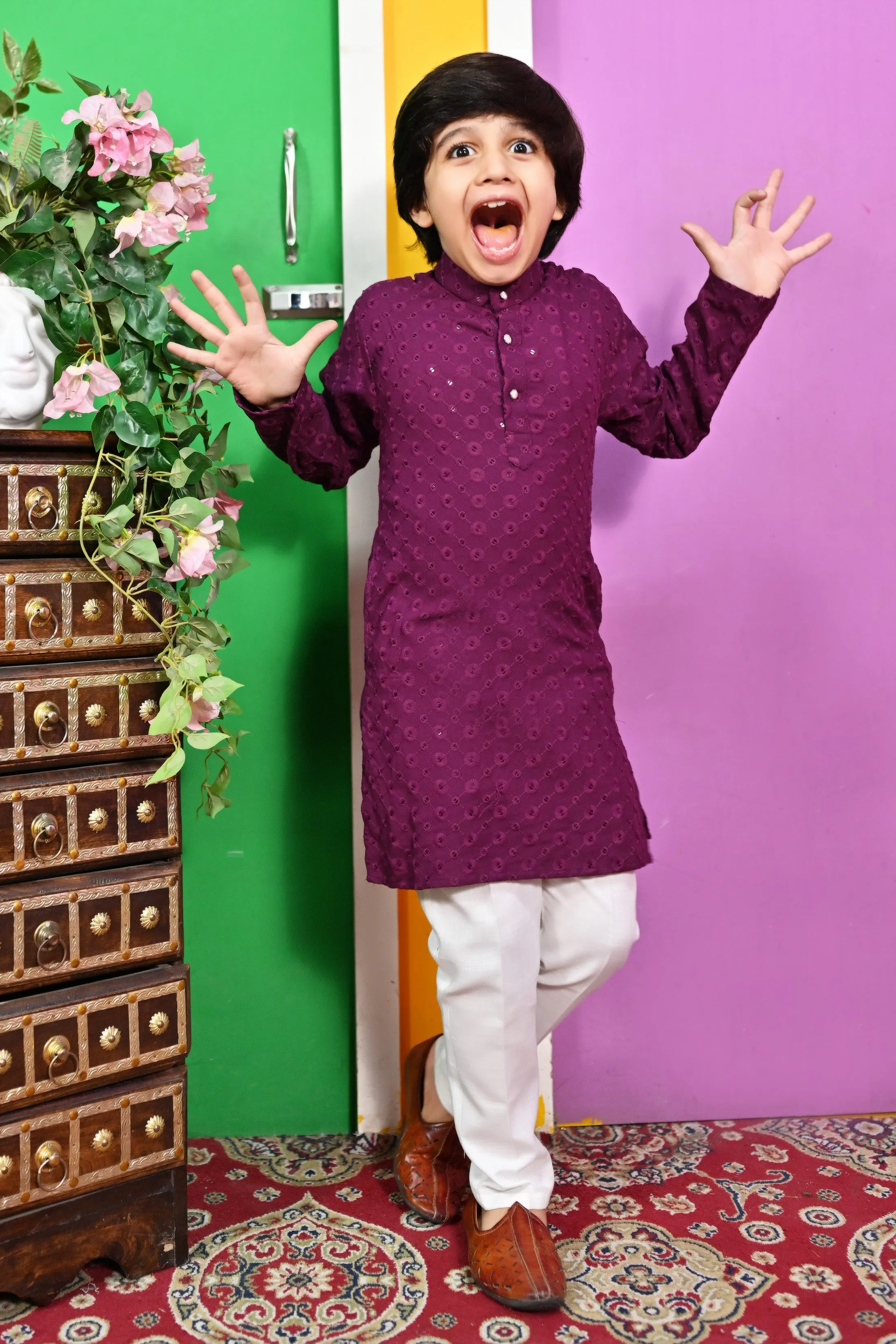 Ahhaaaa Kid's  Sequin Print Embroidery Mirror Work Kurta with Pajama for Boys