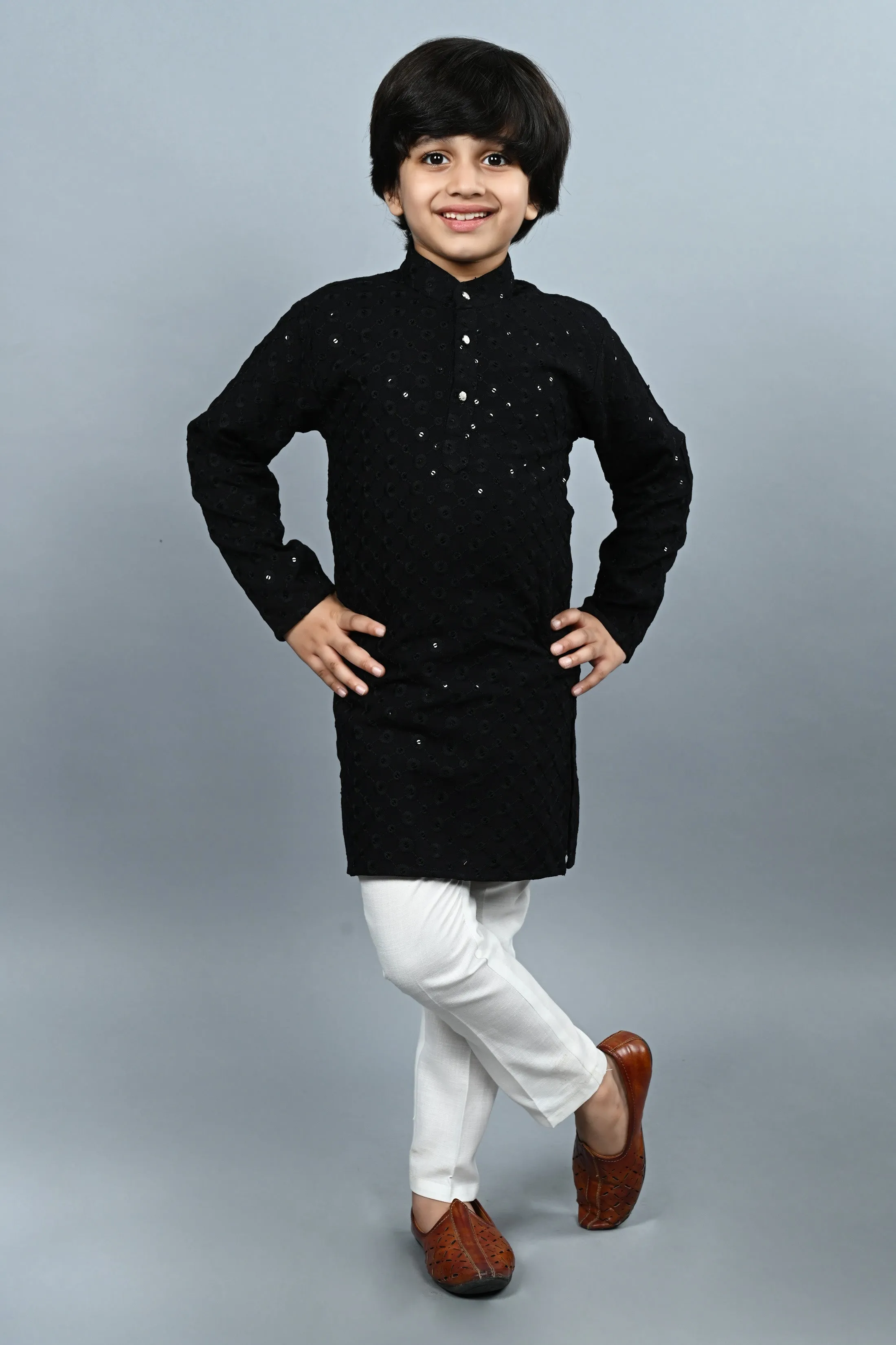 Ahhaaaa Kid's  Sequin Print Embroidery Mirror Work Kurta with Pajama for Boys