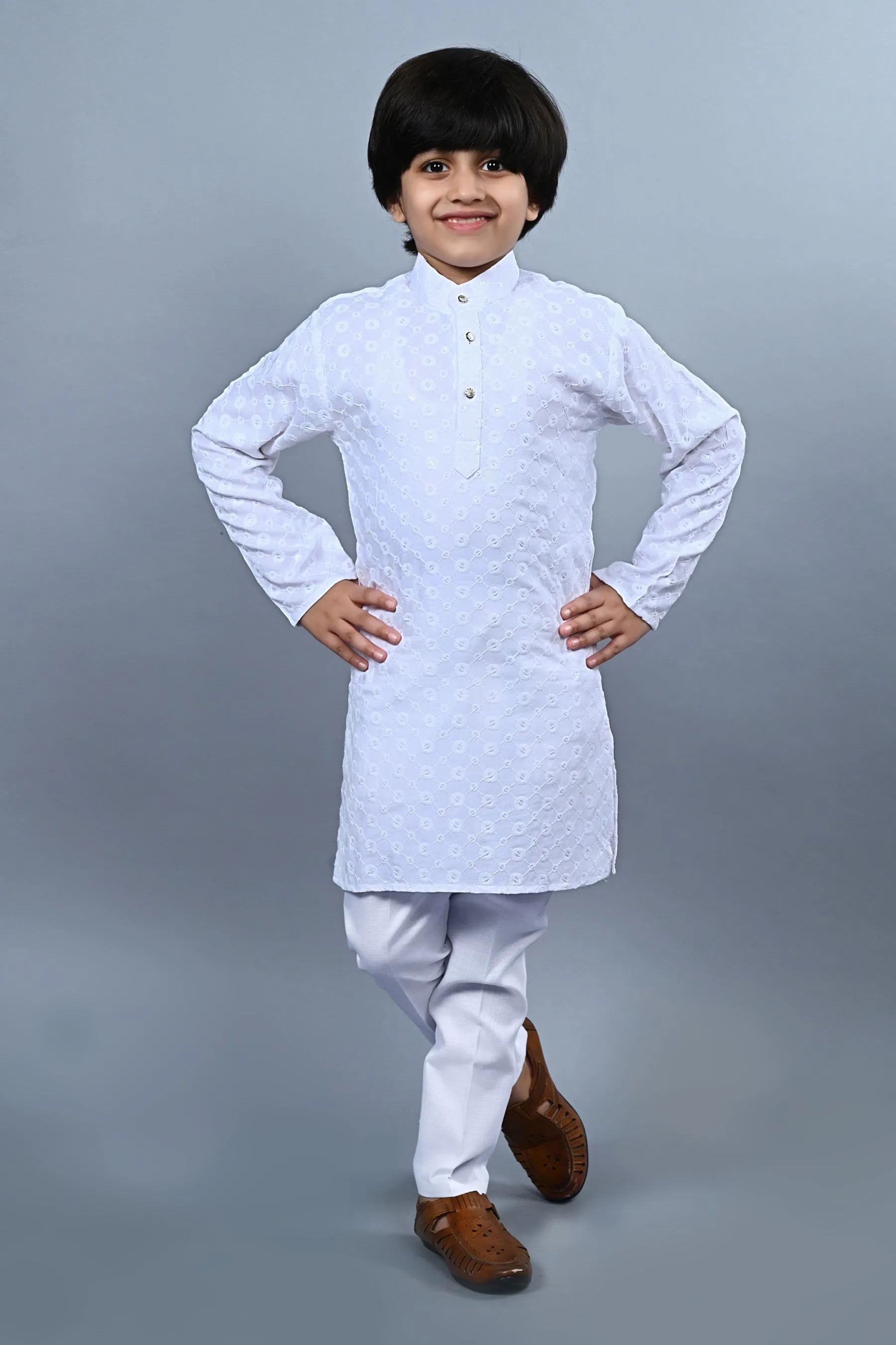 Ahhaaaa Kid's  Sequin Print Embroidery Mirror Work Kurta with Pajama for Boys