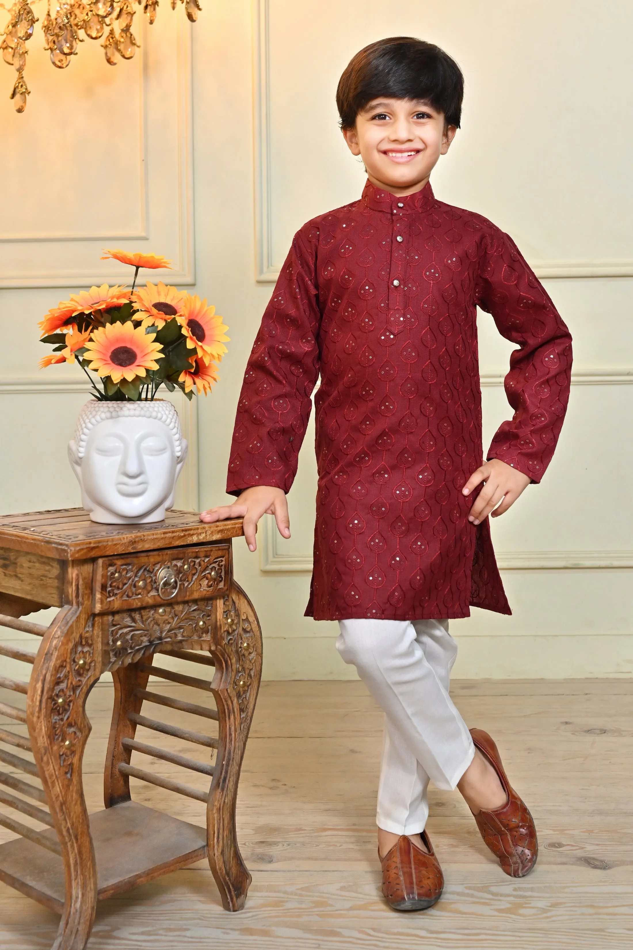 Ahhaaaa Kid's Sequin Print Embroidery Mirror Work Kurta with Pajama for Boys