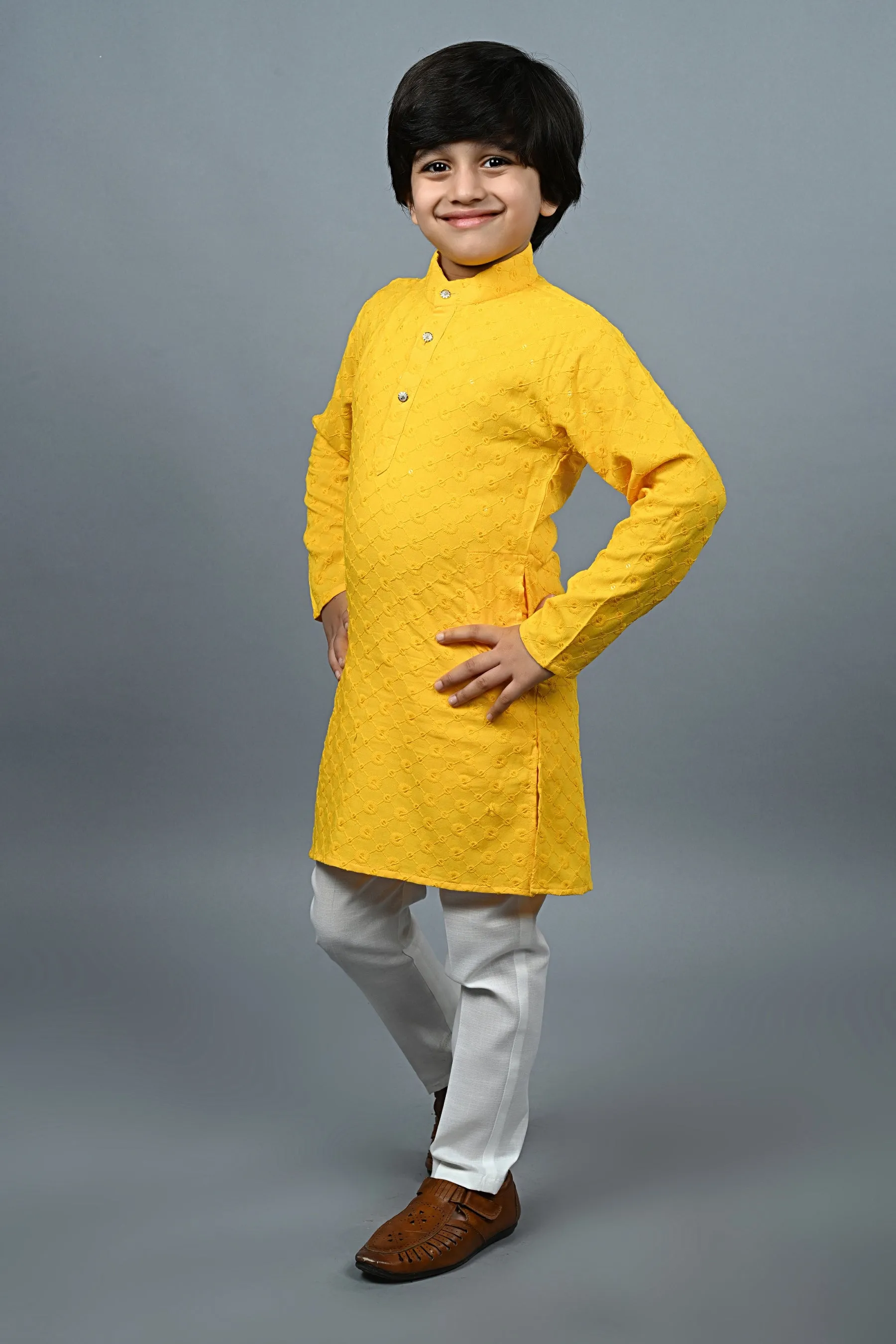 Ahhaaaa Kid's  Sequin Print Embroidery Mirror Work Kurta with Pajama for Boys