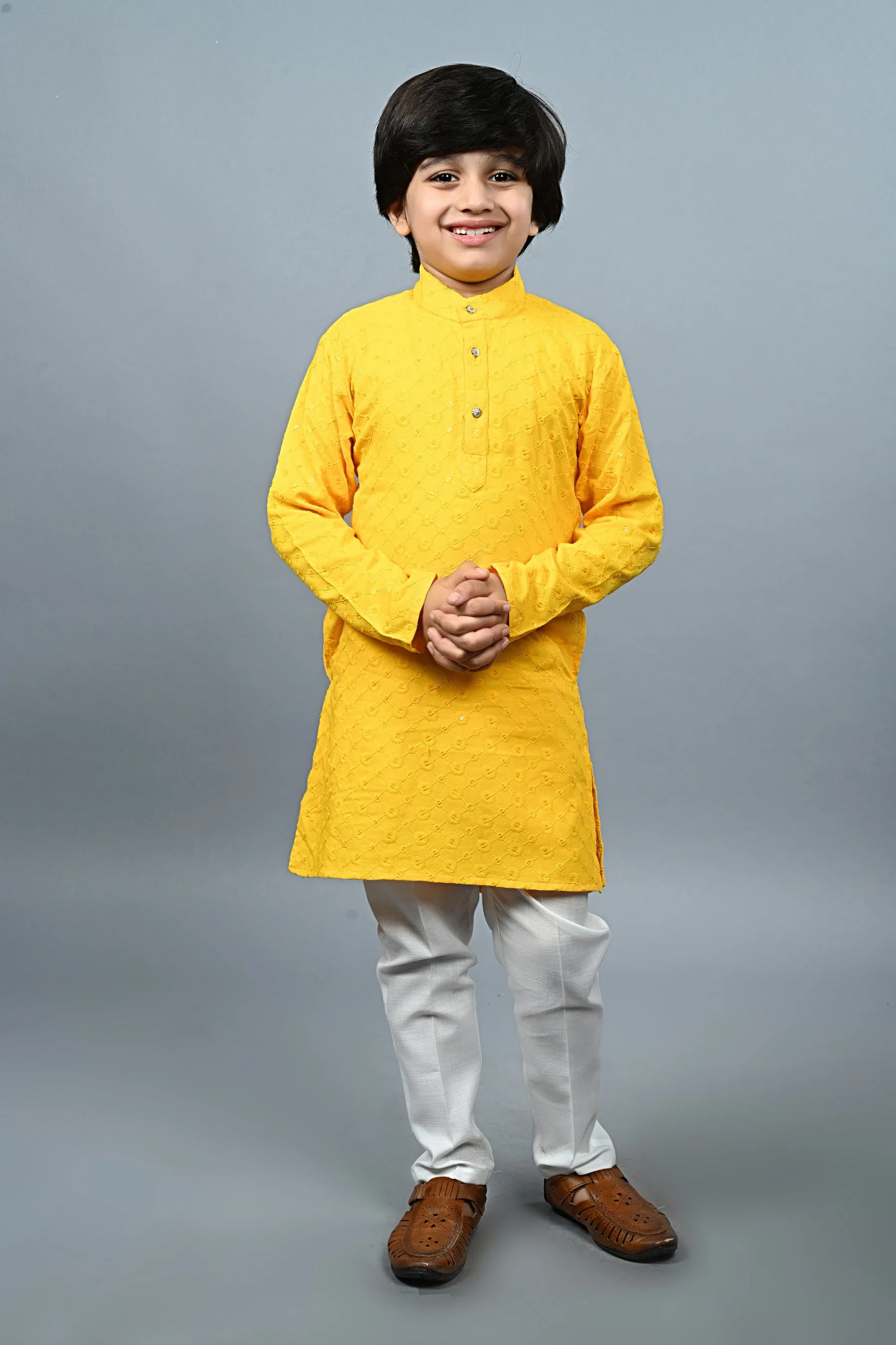 Ahhaaaa Kid's  Sequin Print Embroidery Mirror Work Kurta with Pajama for Boys