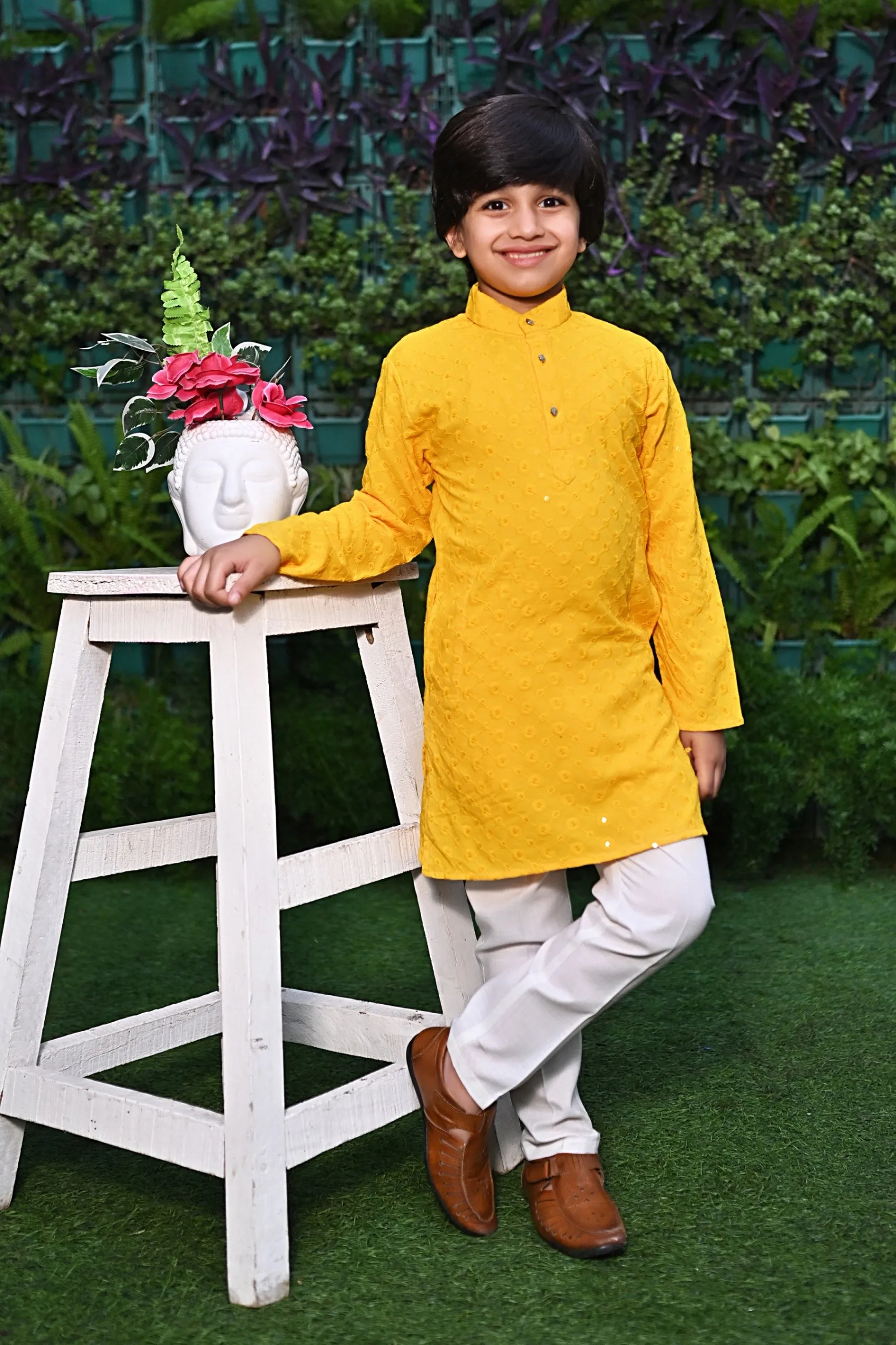 Ahhaaaa Kid's  Sequin Print Embroidery Mirror Work Kurta with Pajama for Boys