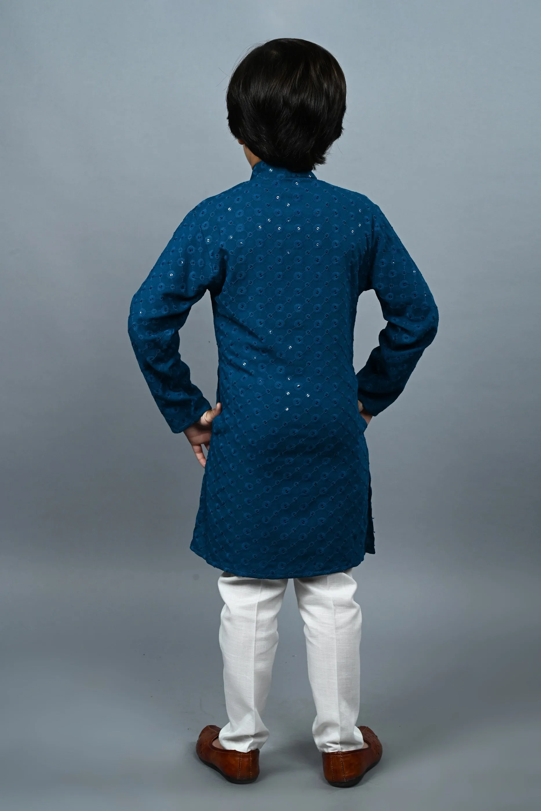 Ahhaaaa Kid's  Sequin Print Embroidery Mirror Work Kurta with Pajama for Boys