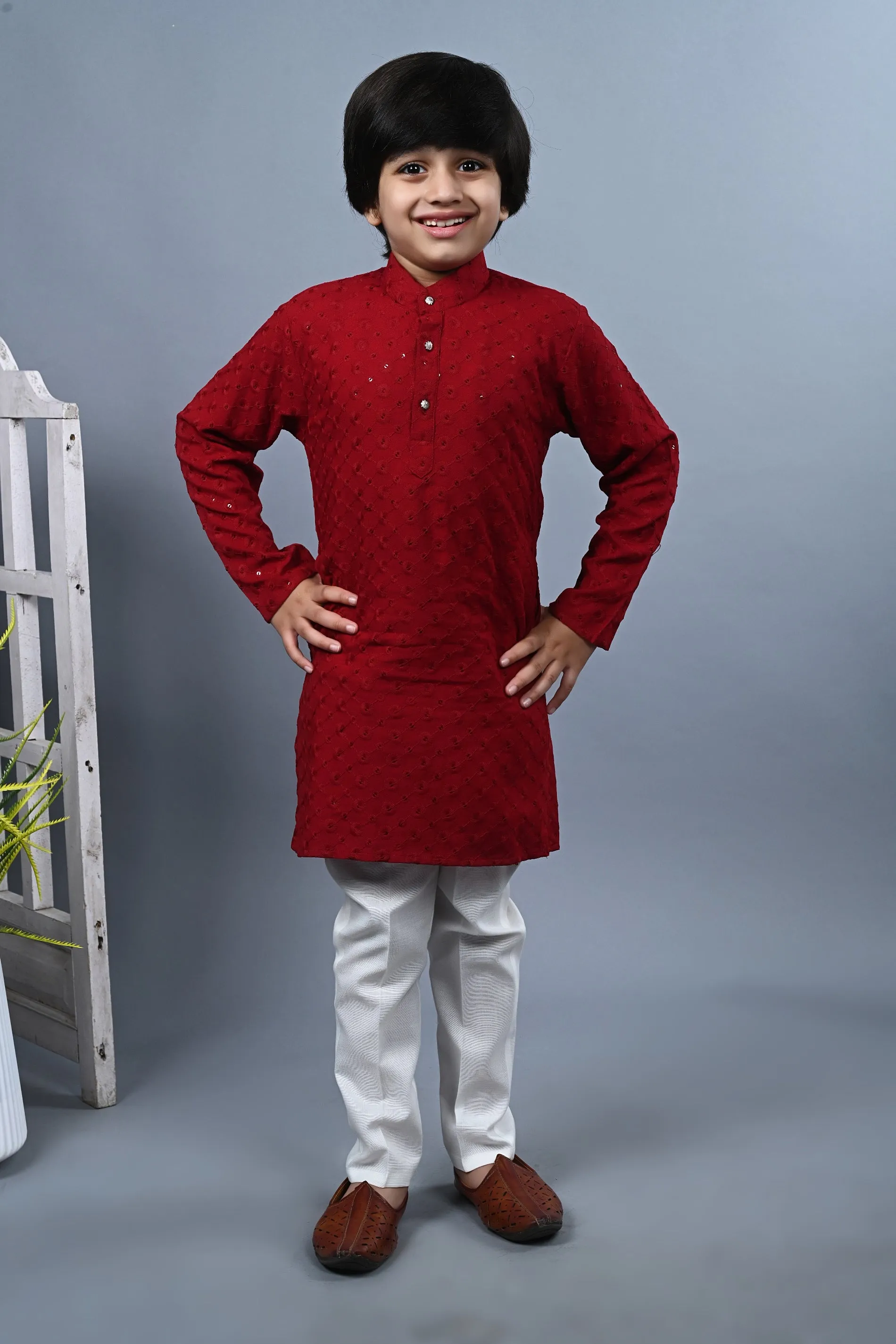 Ahhaaaa Kid's  Sequin Print Embroidery Mirror Work Kurta with Pajama for Boys