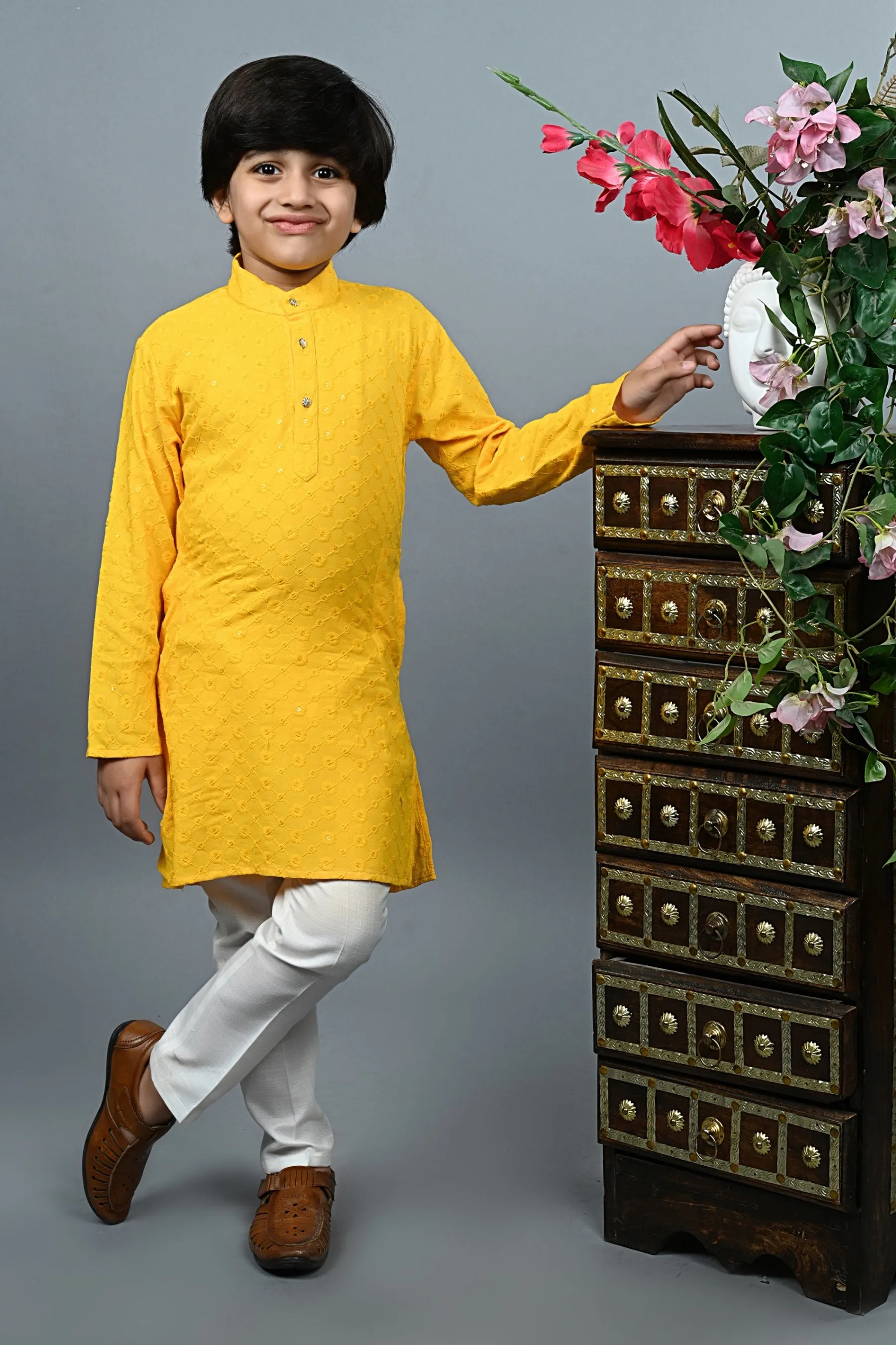 Ahhaaaa Kid's  Sequin Print Embroidery Mirror Work Kurta with Pajama for Boys