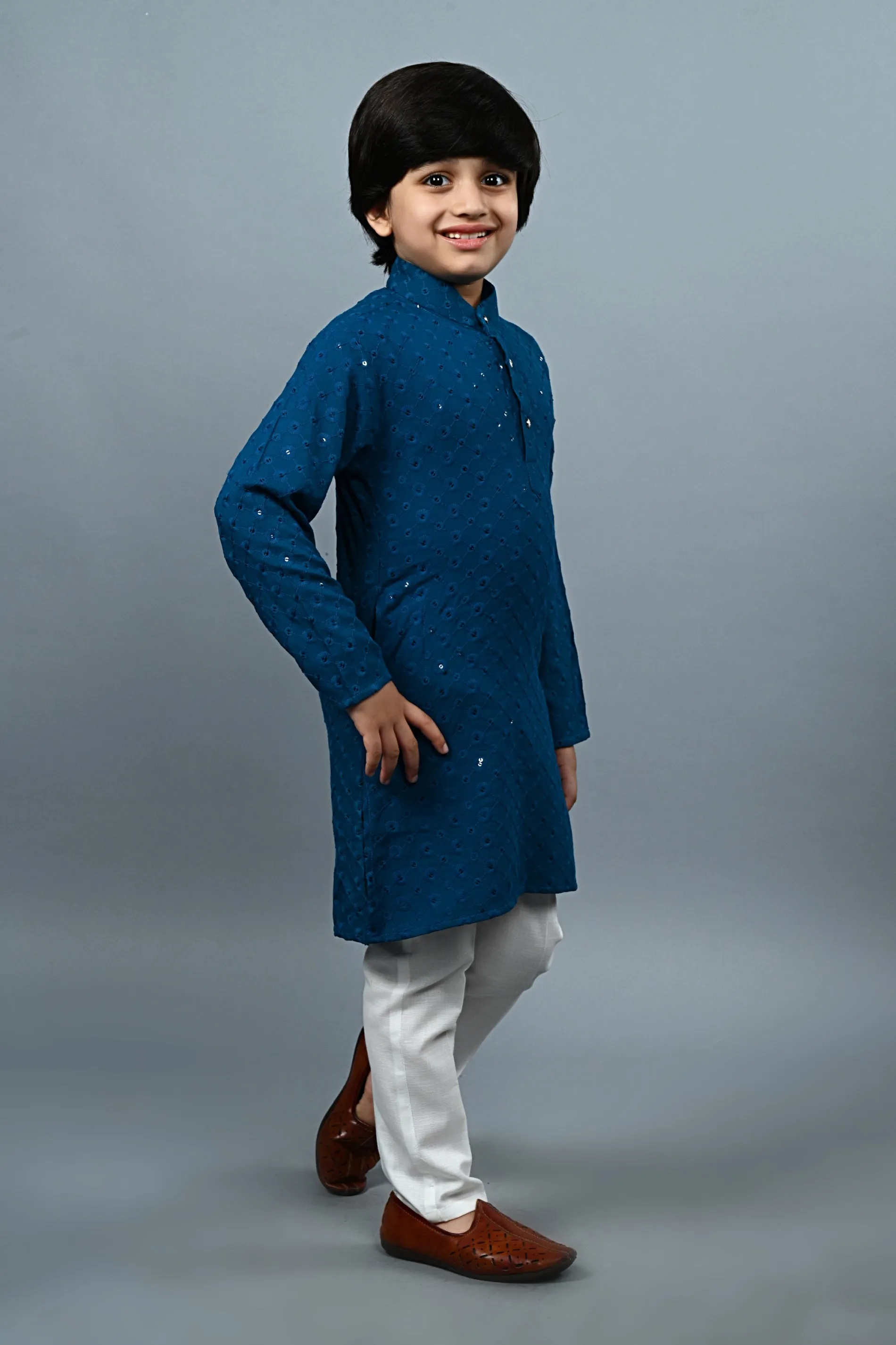 Ahhaaaa Kid's  Sequin Print Embroidery Mirror Work Kurta with Pajama for Boys