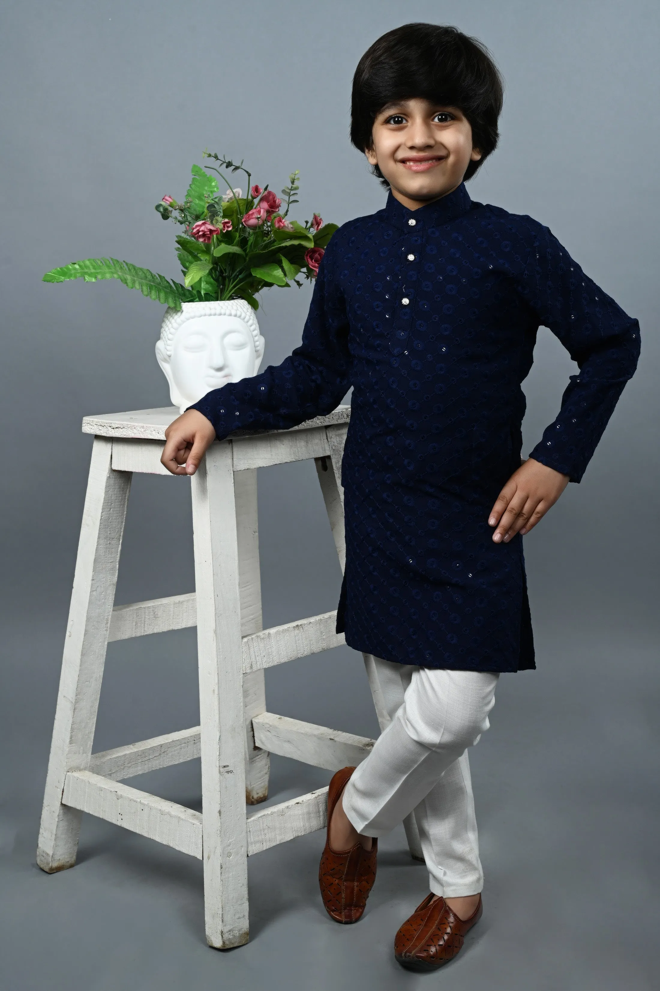 Ahhaaaa Kid's  Sequin Print Embroidery Mirror Work Kurta with Pajama for Boys