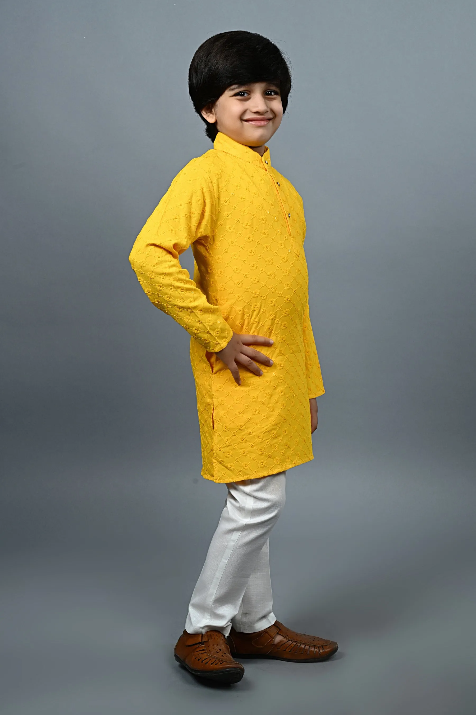 Ahhaaaa Kid's  Sequin Print Embroidery Mirror Work Kurta with Pajama for Boys