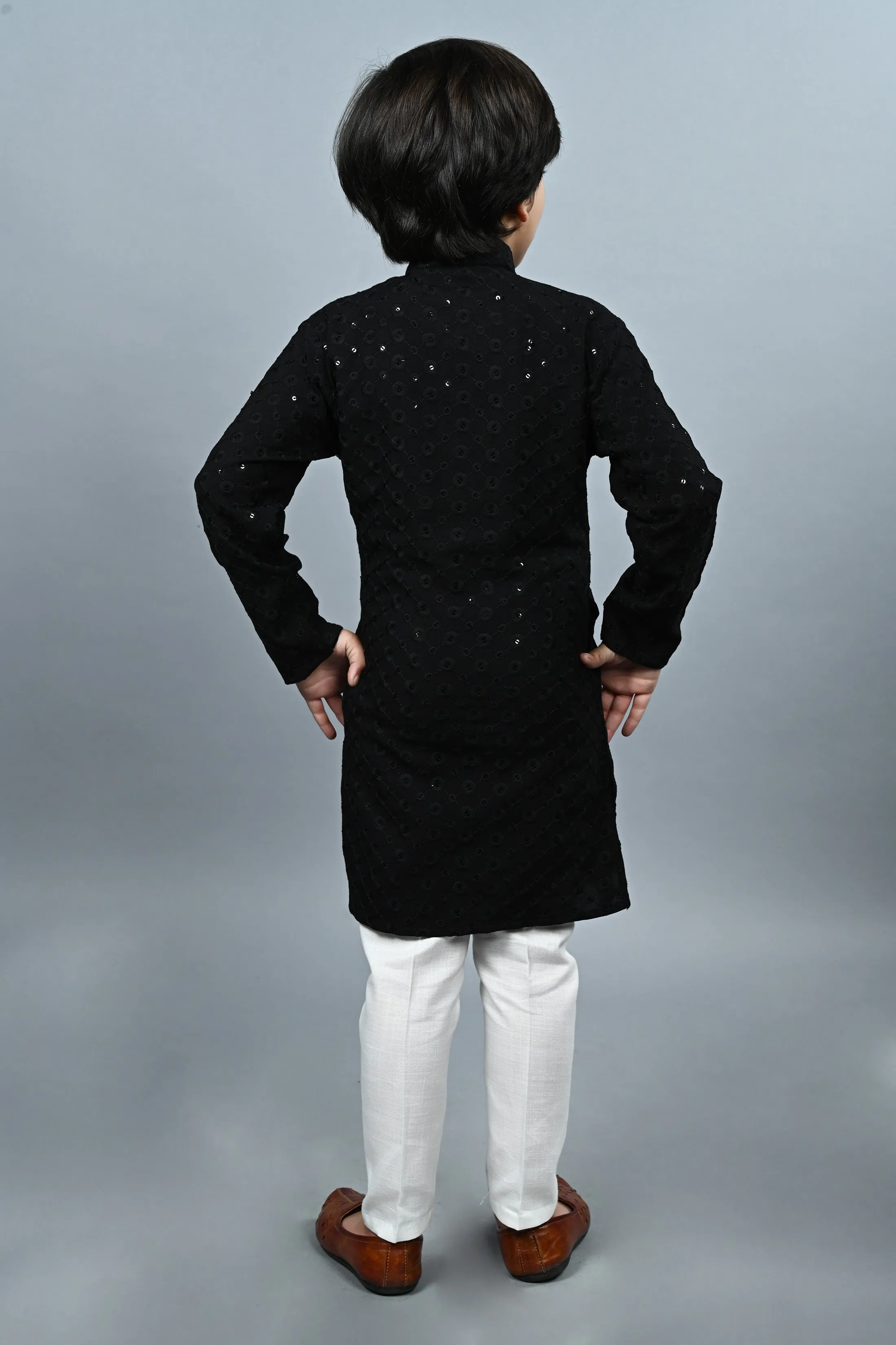 Ahhaaaa Kid's  Sequin Print Embroidery Mirror Work Kurta with Pajama for Boys