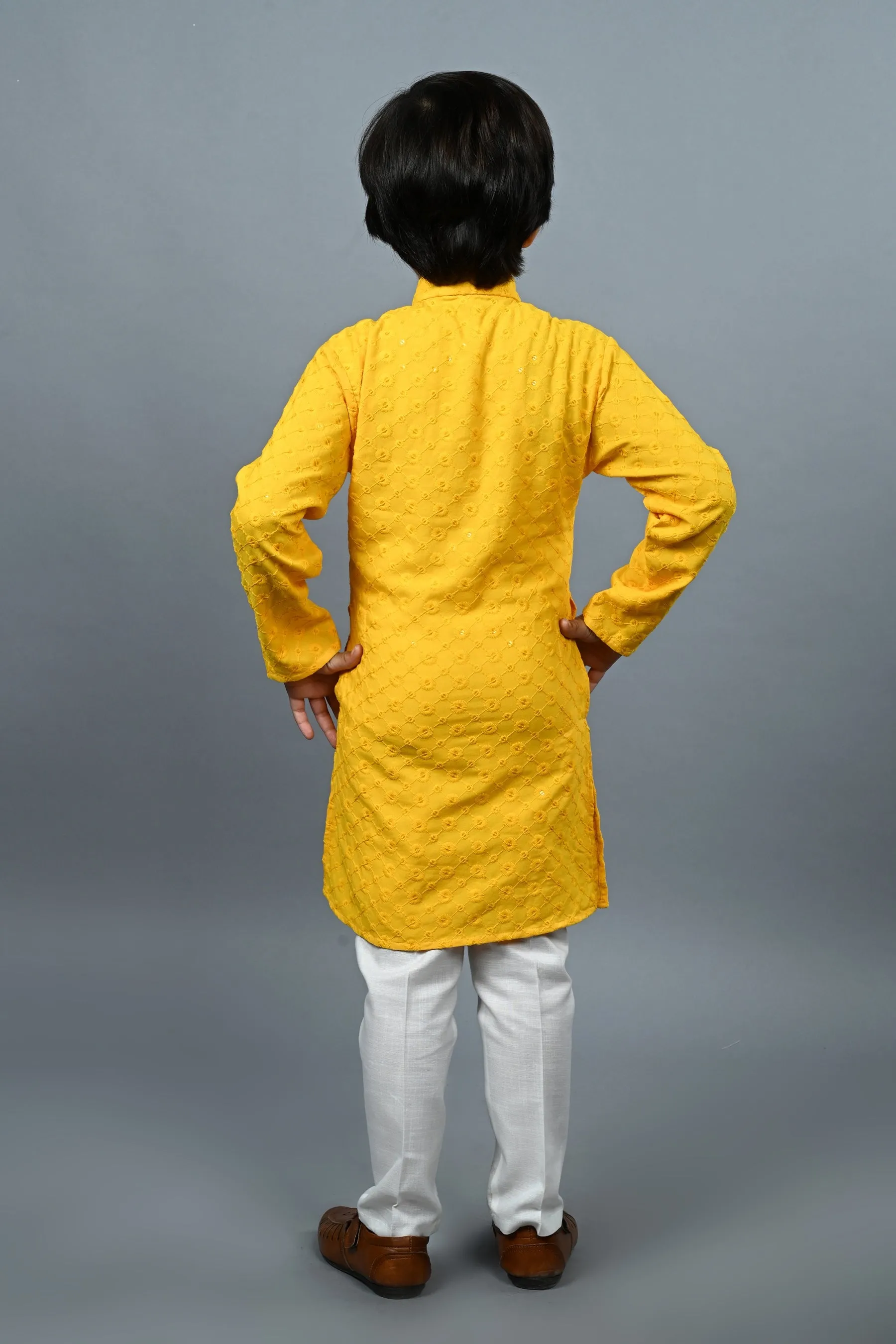 Ahhaaaa Kid's  Sequin Print Embroidery Mirror Work Kurta with Pajama for Boys