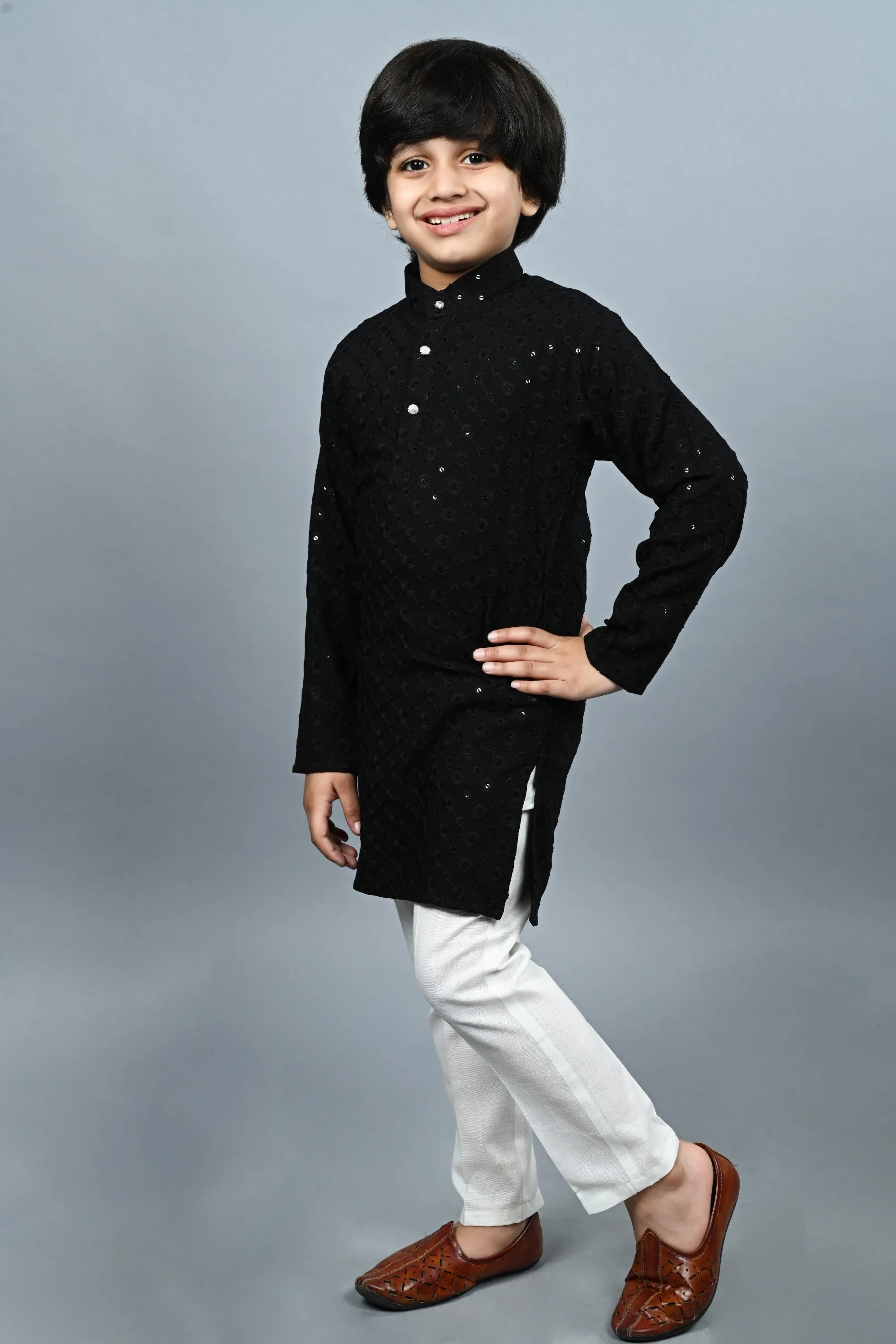 Ahhaaaa Kid's  Sequin Print Embroidery Mirror Work Kurta with Pajama for Boys