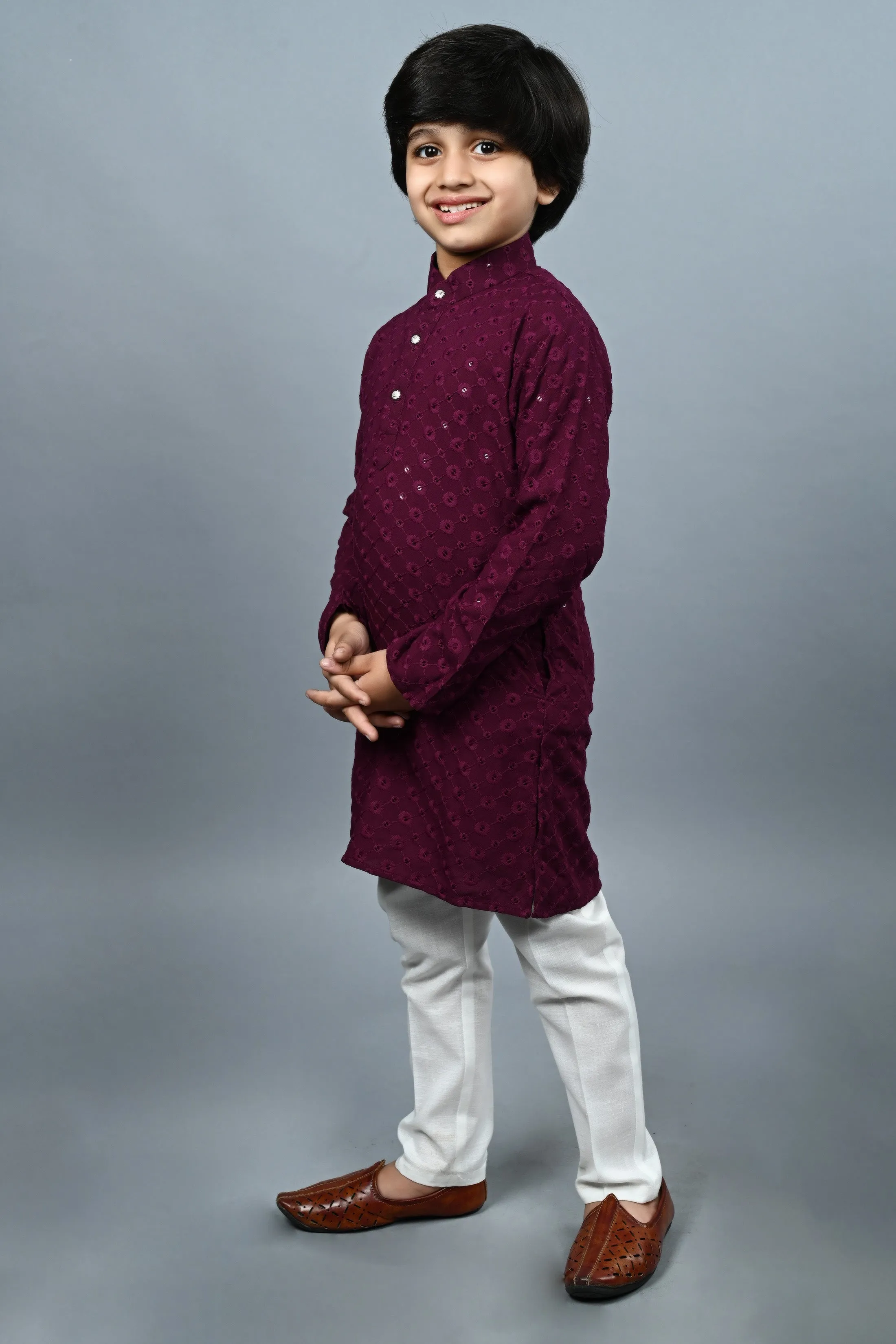 Ahhaaaa Kid's  Sequin Print Embroidery Mirror Work Kurta with Pajama for Boys