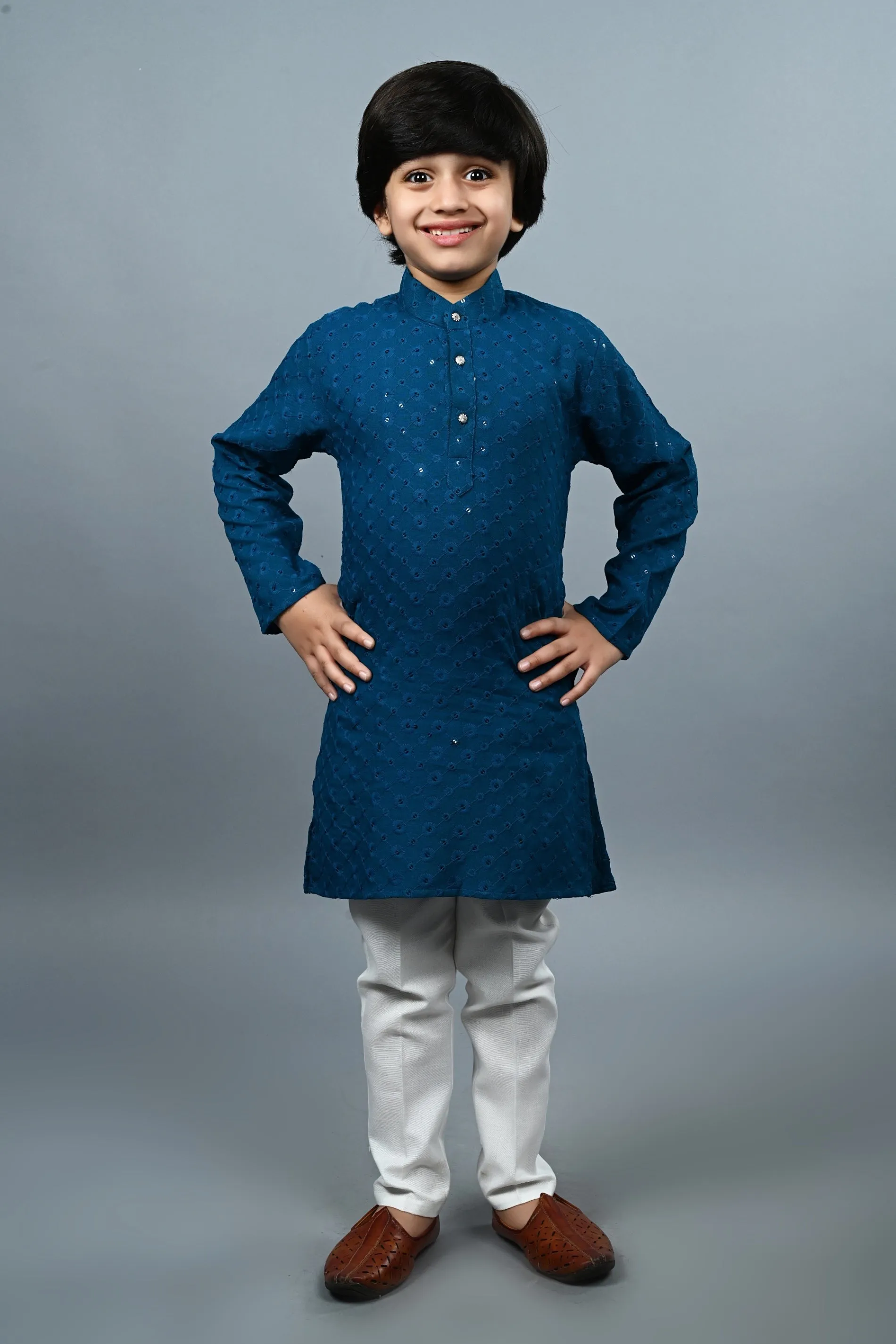 Ahhaaaa Kid's  Sequin Print Embroidery Mirror Work Kurta with Pajama for Boys