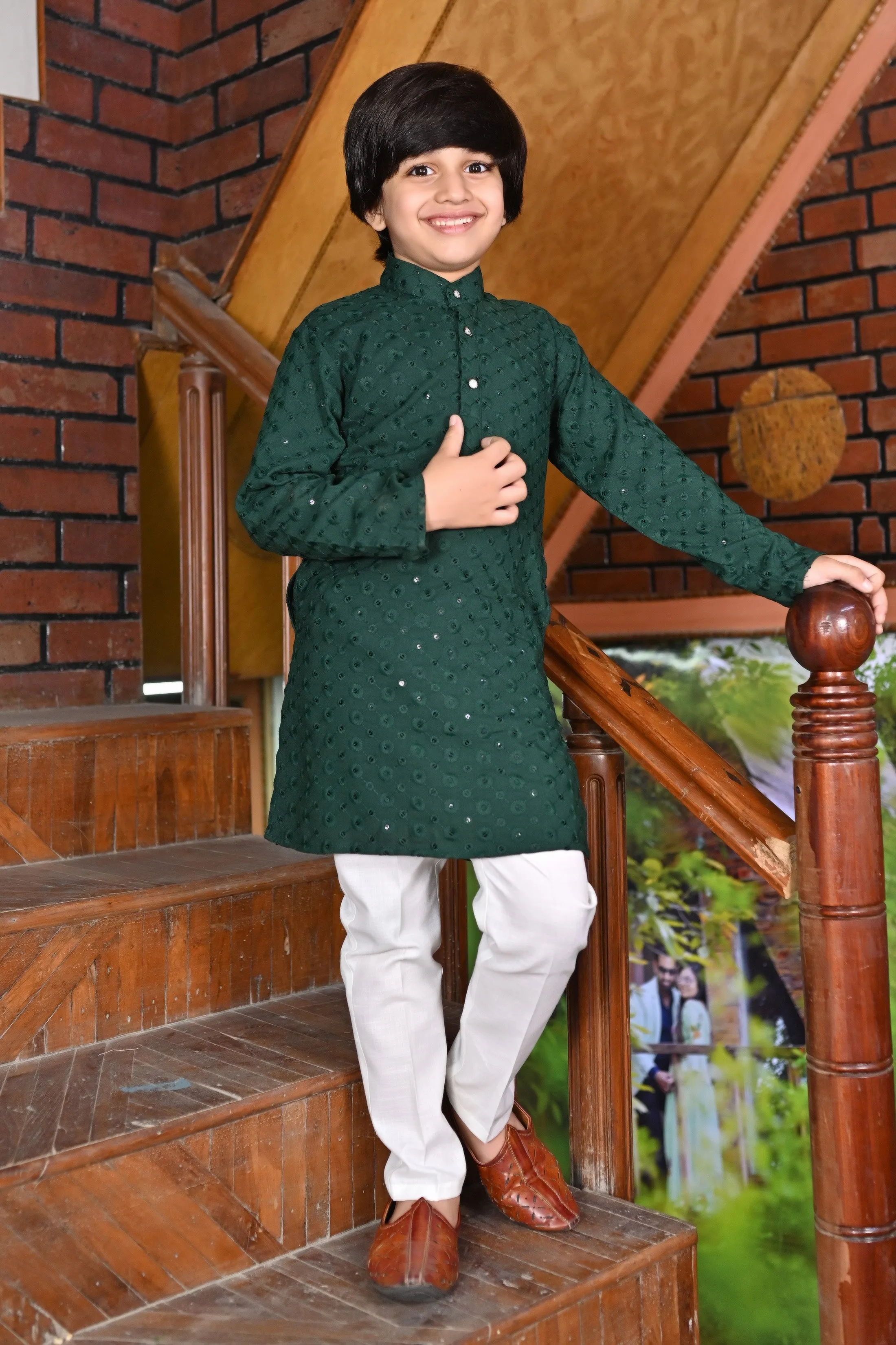 Ahhaaaa Kid's  Sequin Print Embroidery Mirror Work Kurta with Pajama for Boys