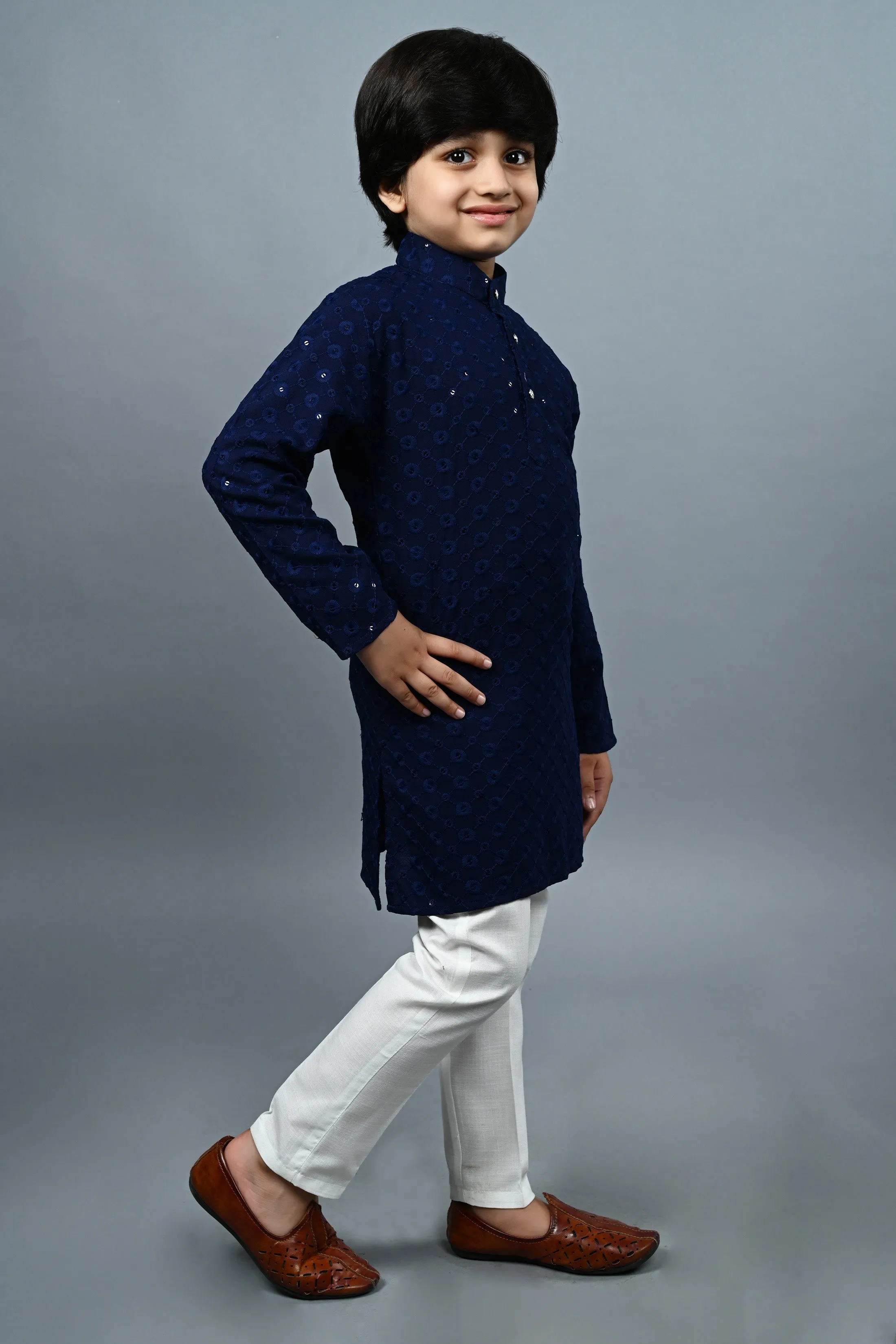 Ahhaaaa Kid's  Sequin Print Embroidery Mirror Work Kurta with Pajama for Boys