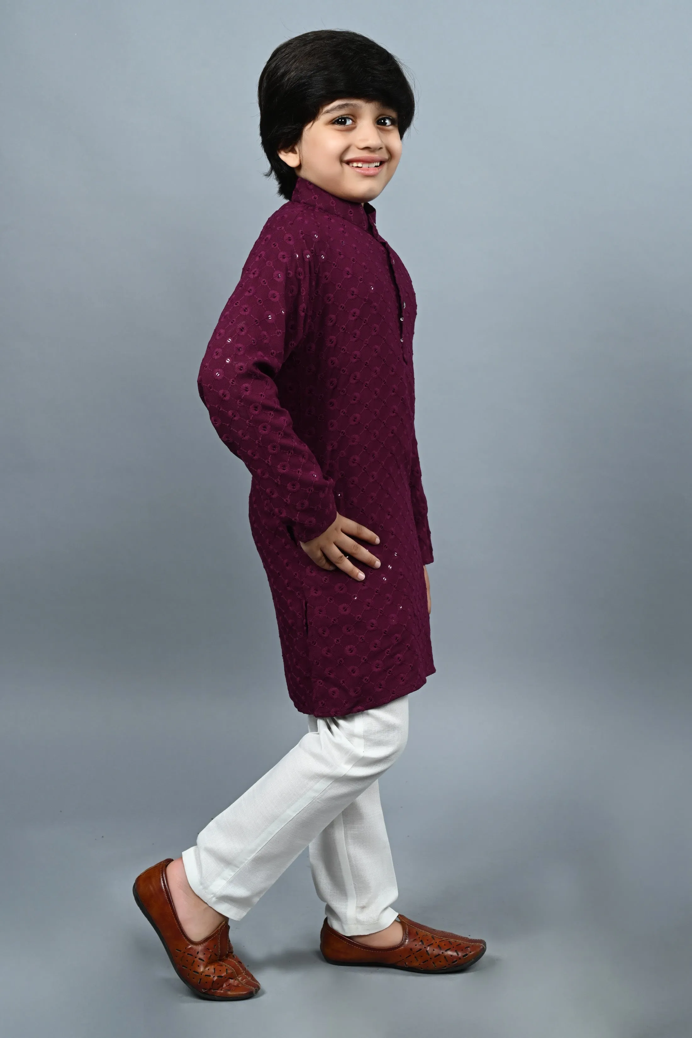 Ahhaaaa Kid's  Sequin Print Embroidery Mirror Work Kurta with Pajama for Boys