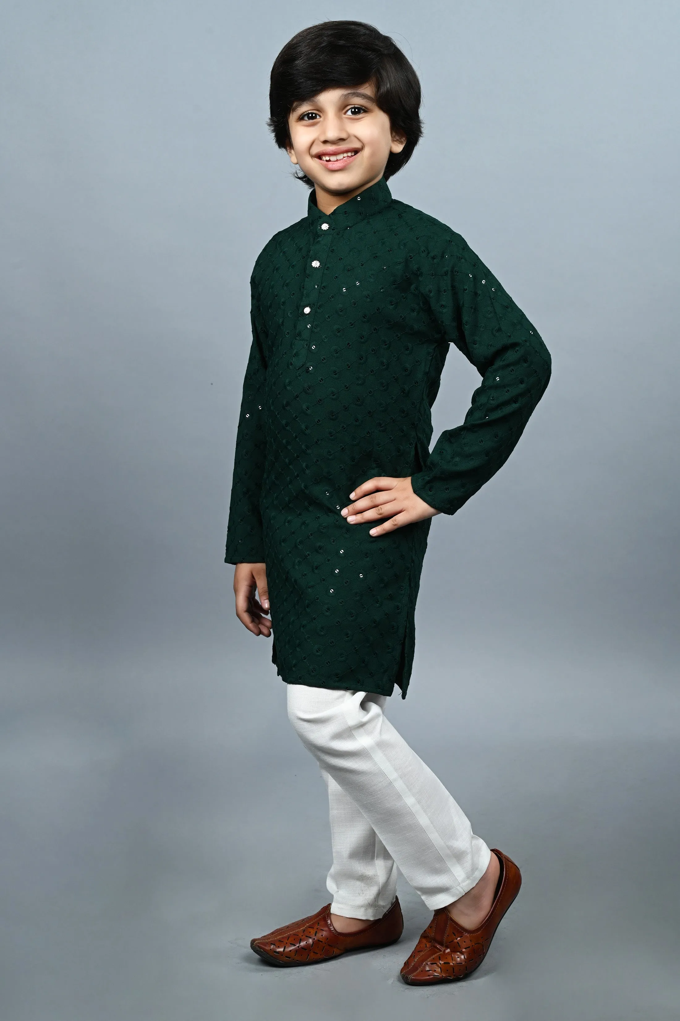 Ahhaaaa Kid's  Sequin Print Embroidery Mirror Work Kurta with Pajama for Boys
