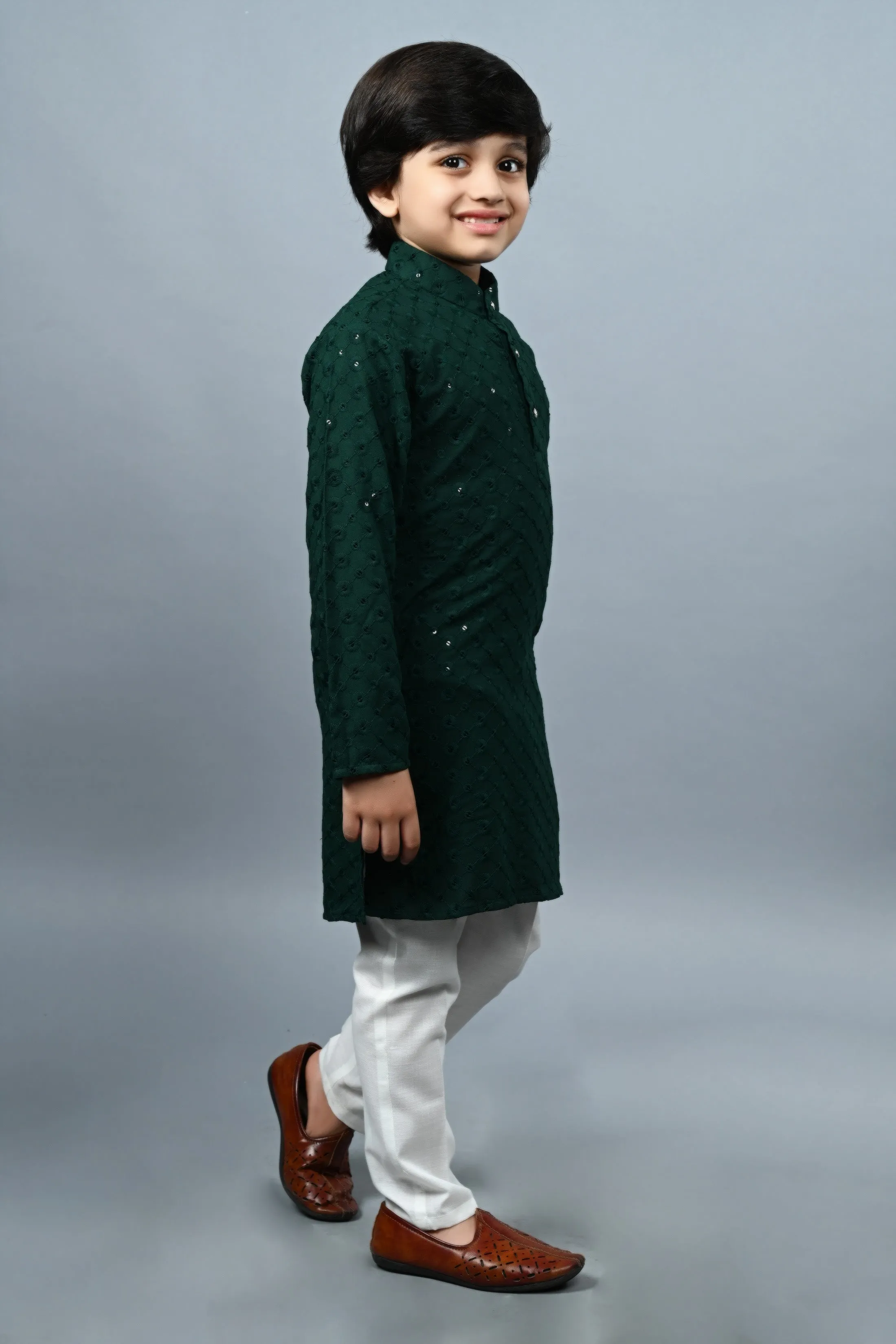Ahhaaaa Kid's  Sequin Print Embroidery Mirror Work Kurta with Pajama for Boys