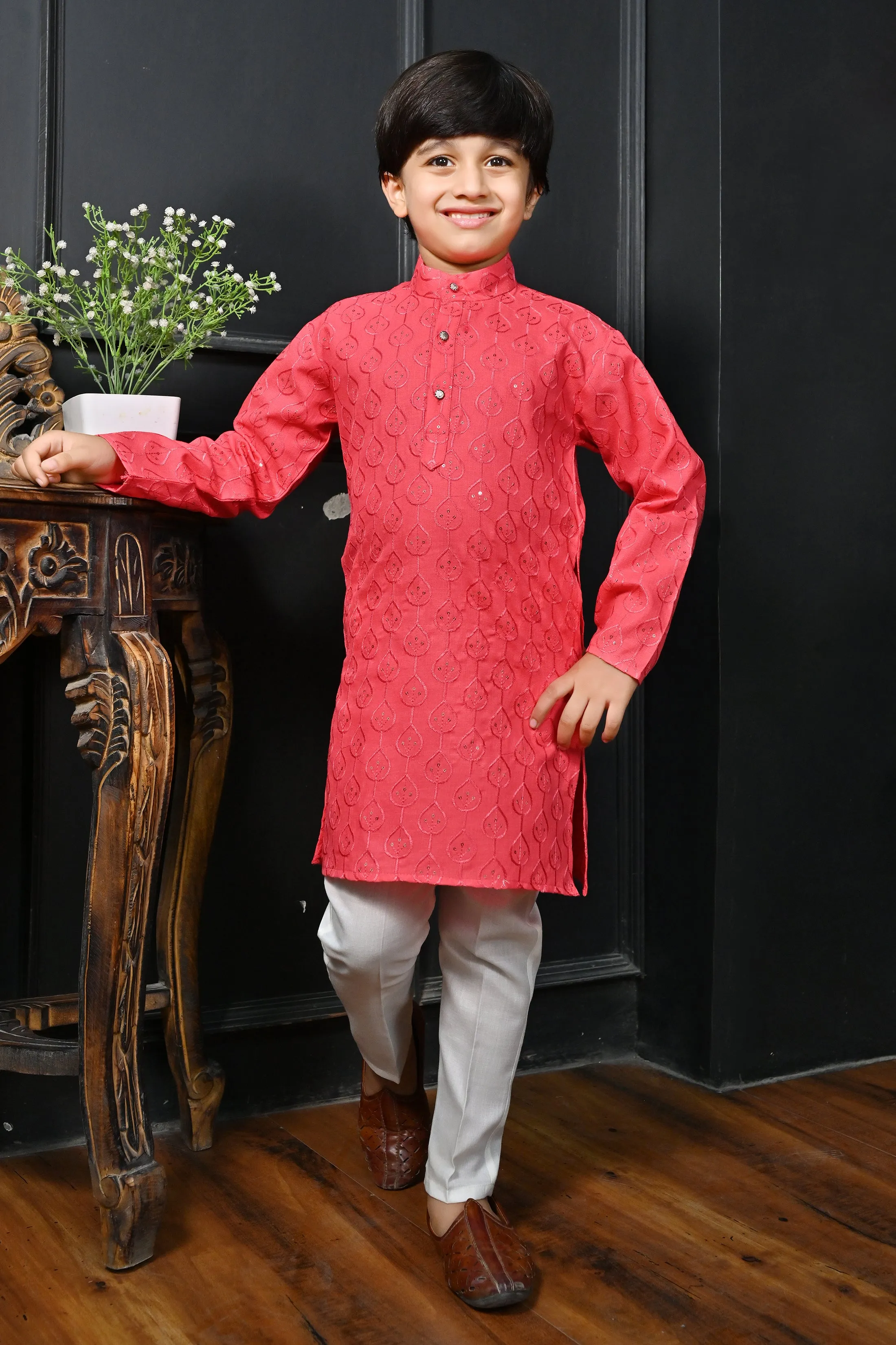 Ahhaaaa Kid's Sequin Print Embroidery Mirror Work Kurta with Pajama for Boys