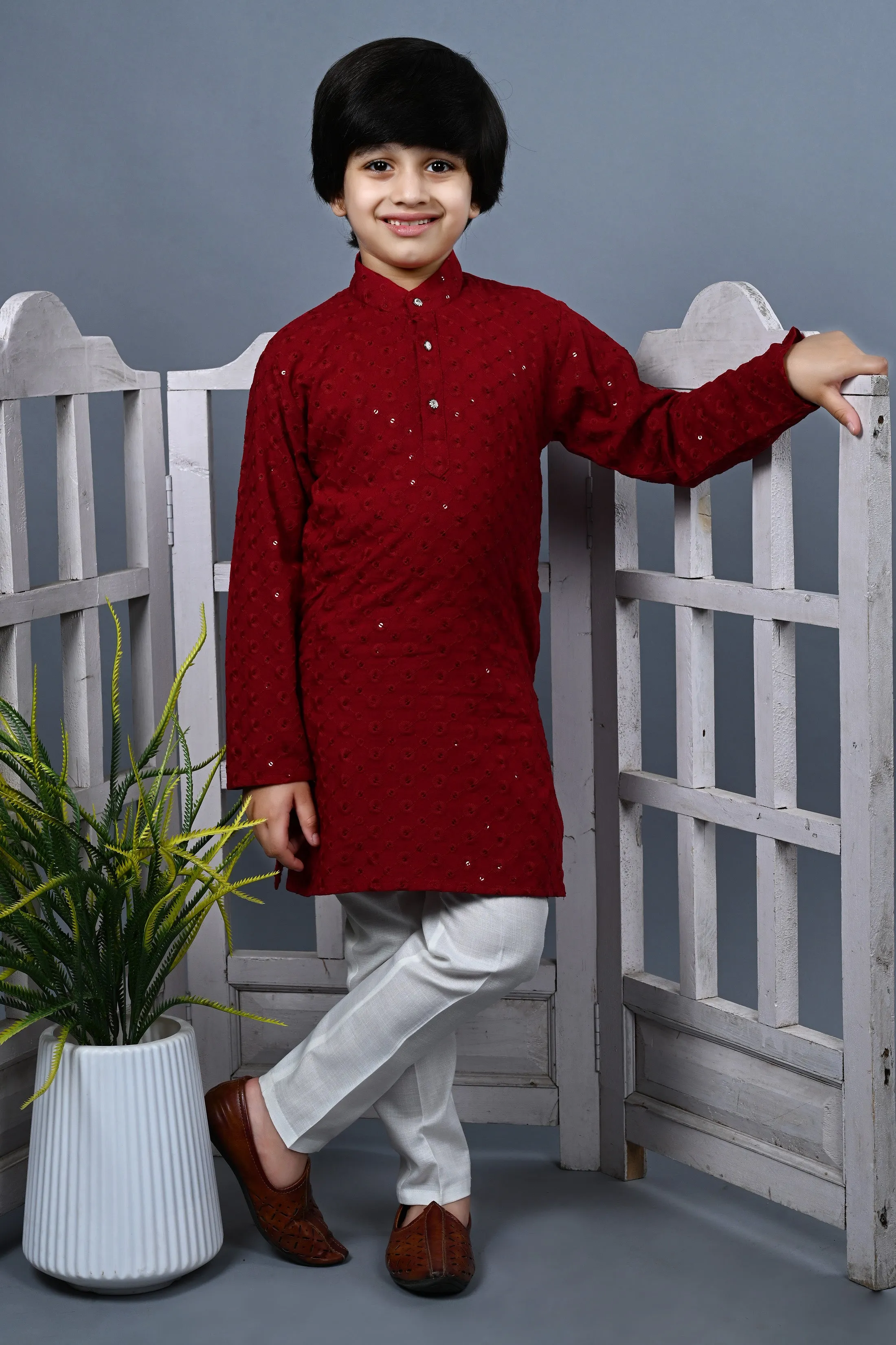 Ahhaaaa Kid's  Sequin Print Embroidery Mirror Work Kurta with Pajama for Boys