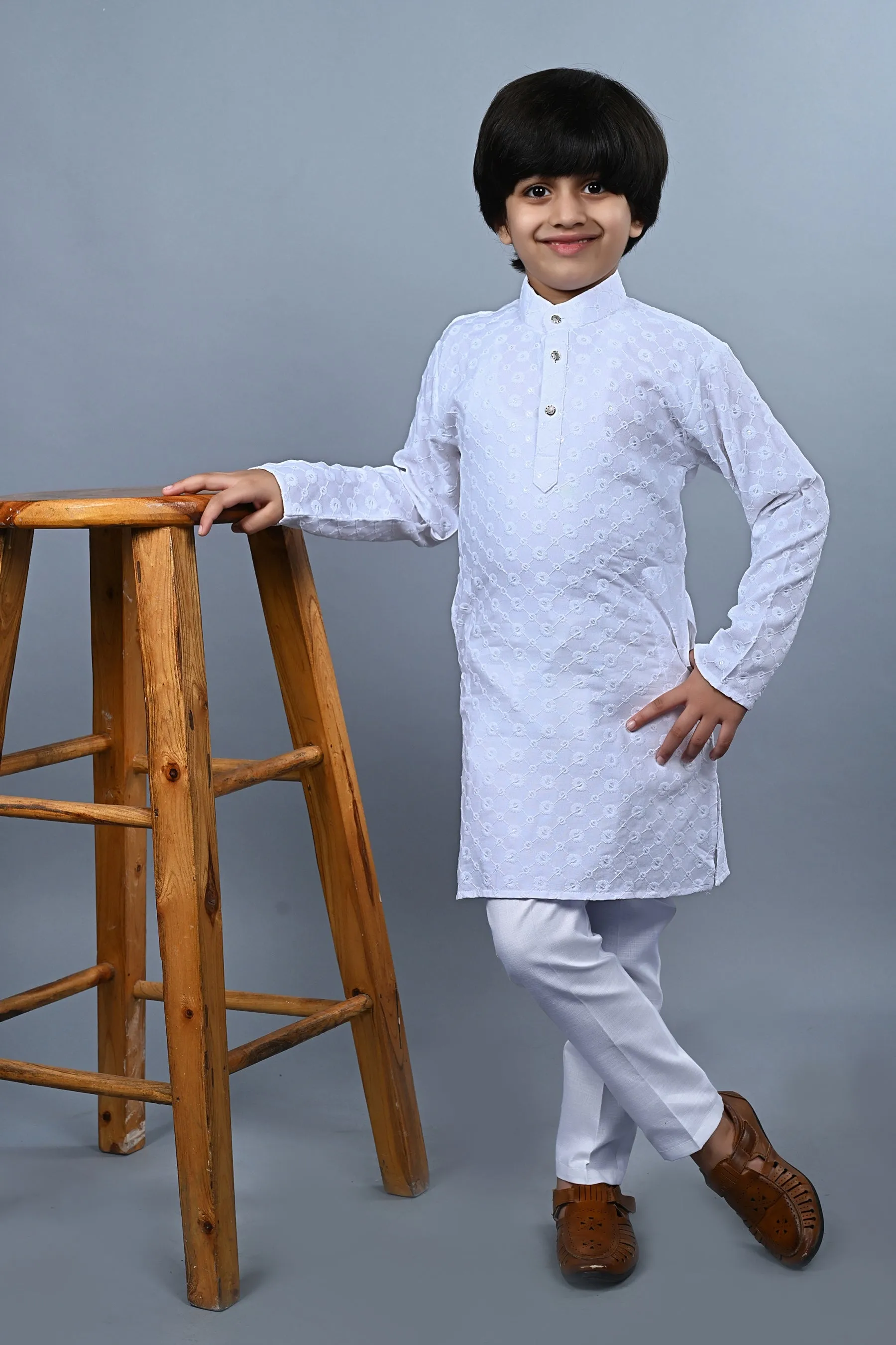 Ahhaaaa Kid's  Sequin Print Embroidery Mirror Work Kurta with Pajama for Boys
