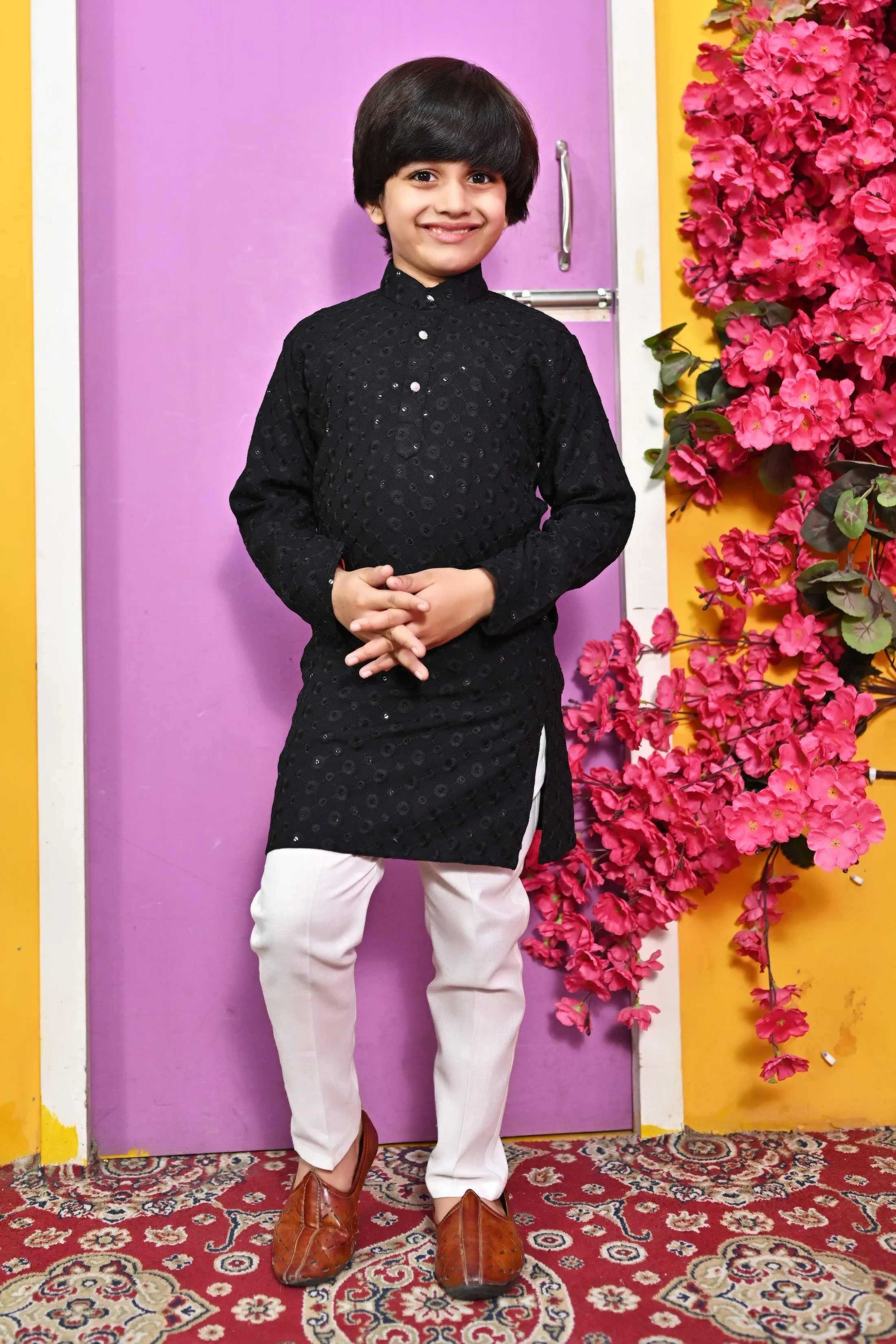 Ahhaaaa Kid's  Sequin Print Embroidery Mirror Work Kurta with Pajama for Boys