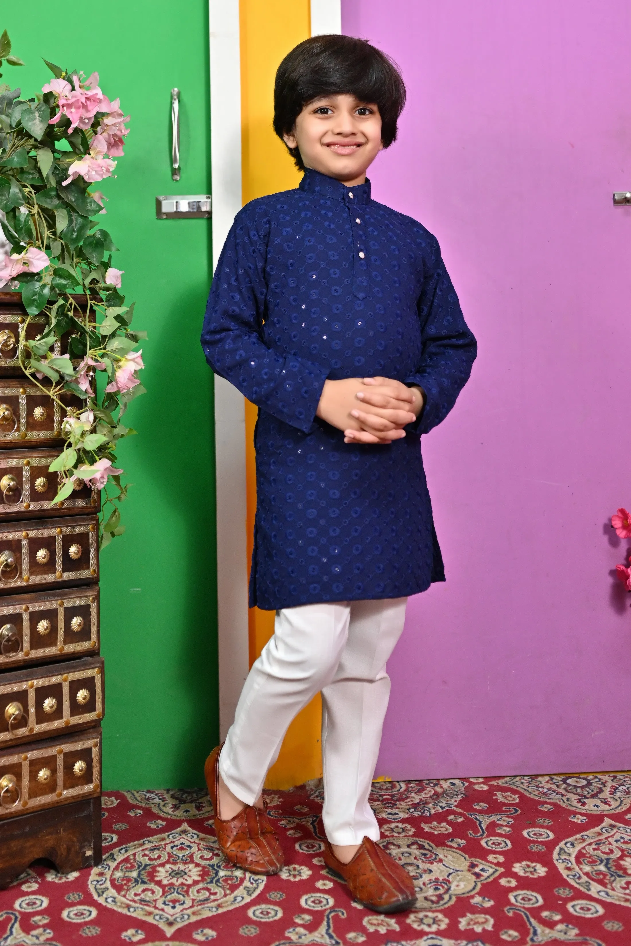 Ahhaaaa Kid's  Sequin Print Embroidery Mirror Work Kurta with Pajama for Boys