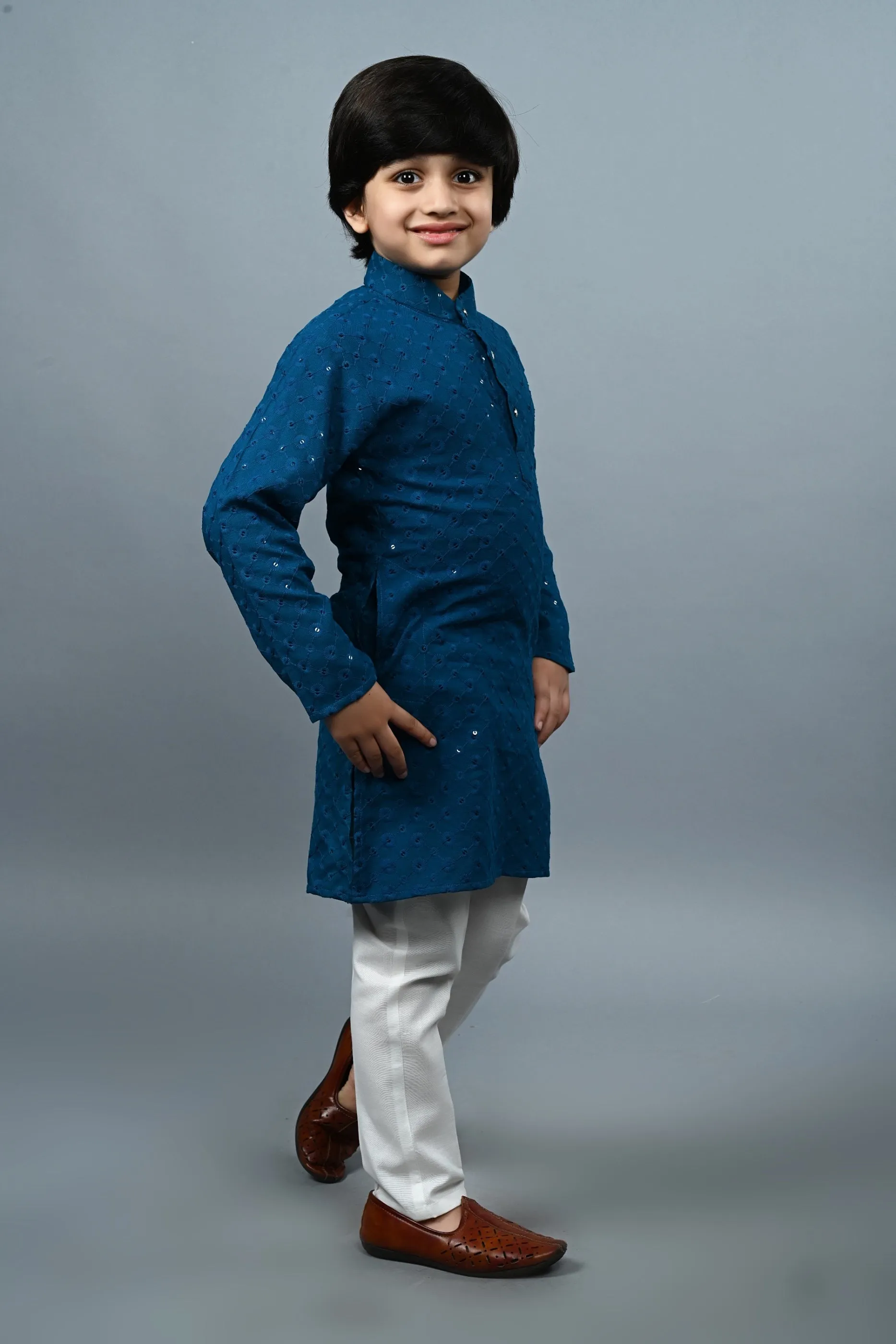 Ahhaaaa Kid's  Sequin Print Embroidery Mirror Work Kurta with Pajama for Boys