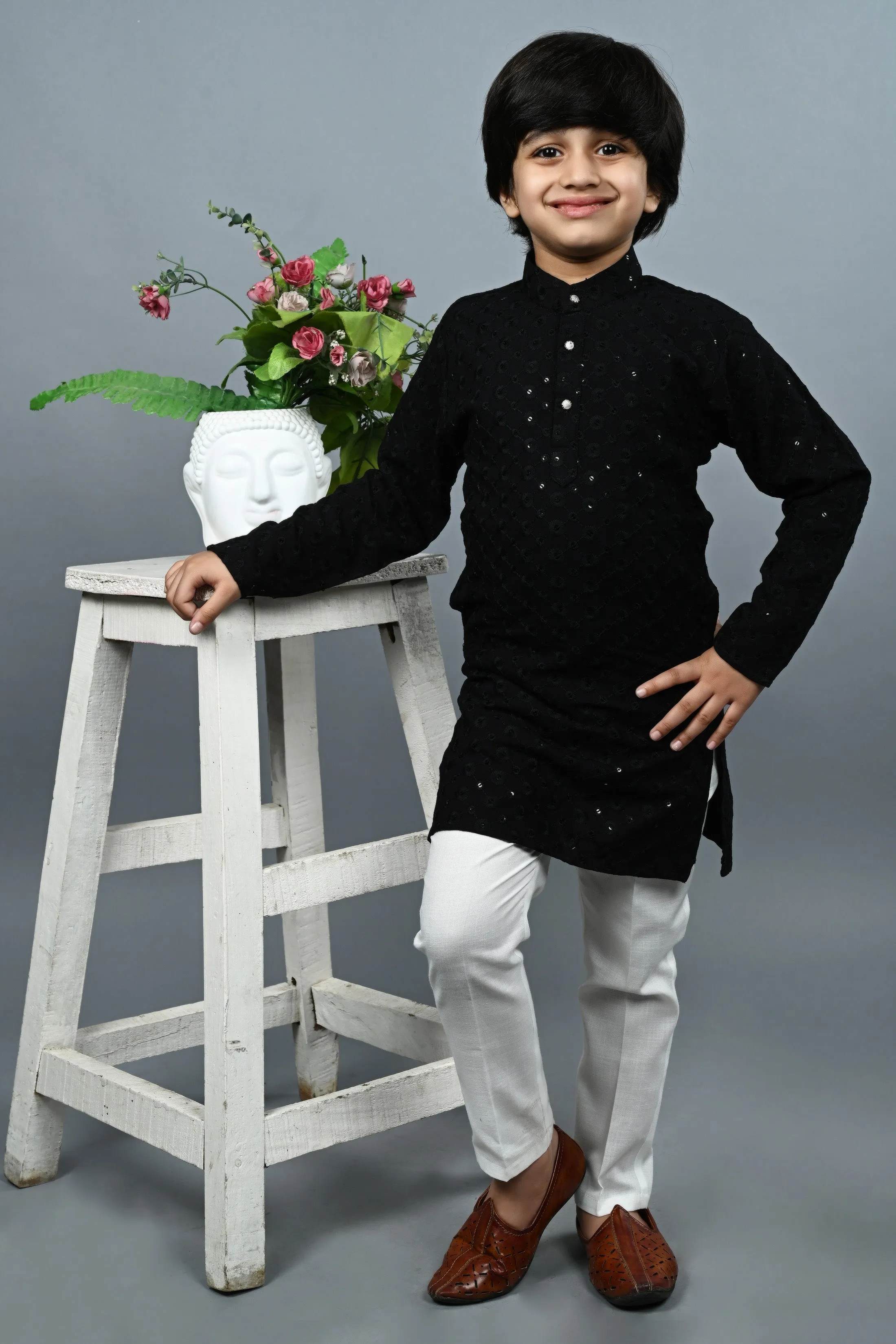 Ahhaaaa Kid's  Sequin Print Embroidery Mirror Work Kurta with Pajama for Boys