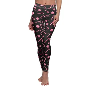 Black Candy Cane Women's Leggings, Christmas Party Fashion Casual Tights-Made in USA