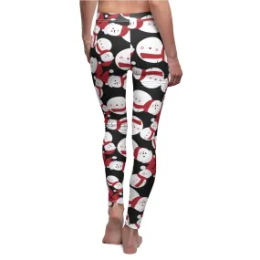 Black Snowman Leggings, Red Fluffy Cute Women's Christmas Casual Leggings Tights For Ladies - Made in USA