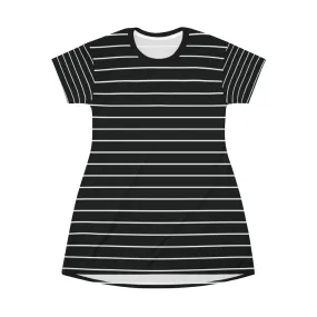Black Striped T-Shirt Dress, Modern Classic Essential Women's Crewneck Dress-Made in USA