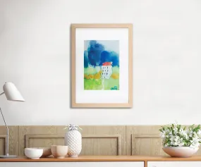 Blue and green house portrait landscape watercolor painting miniature painting above bed decor