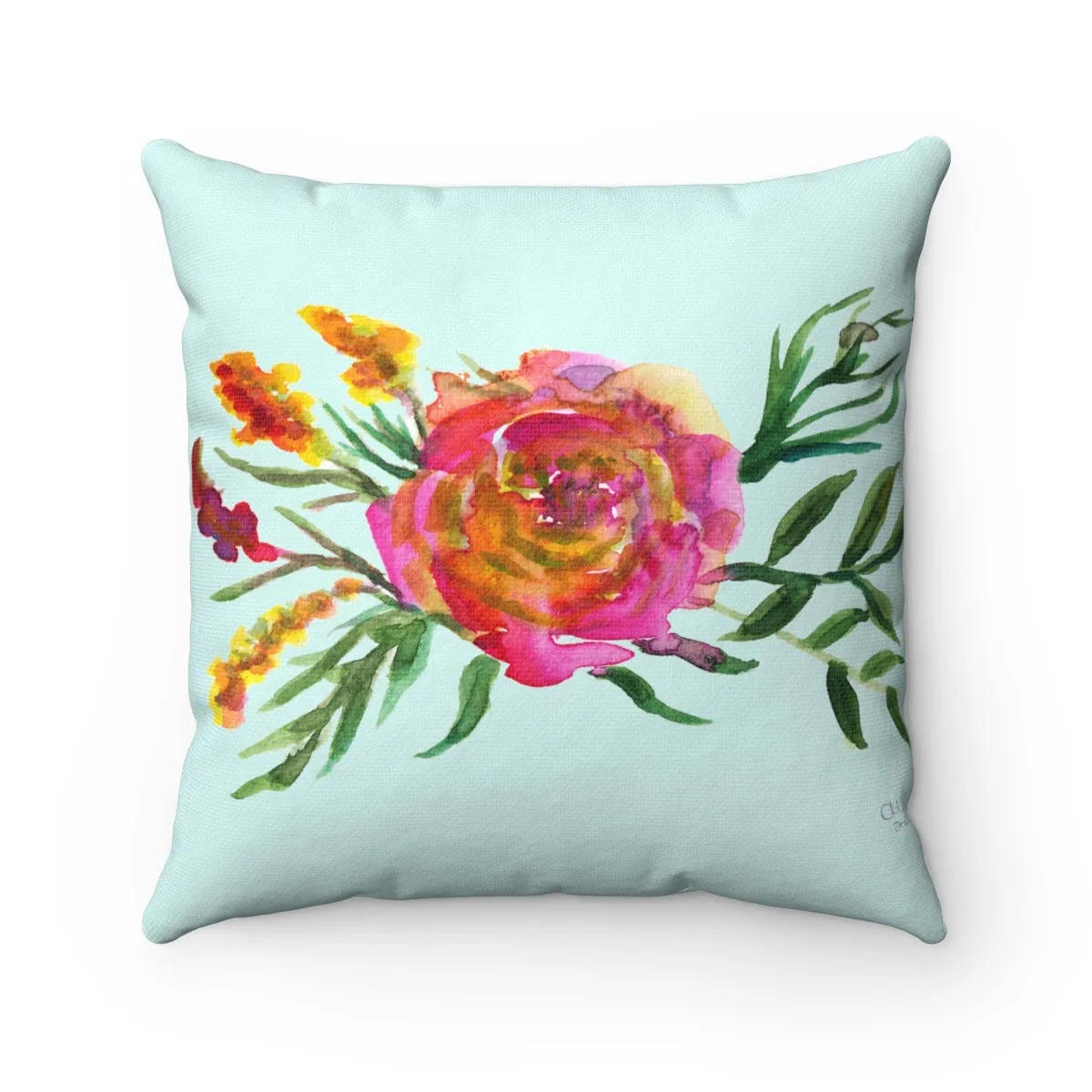 Blue Pink Rose Pillow, Girlie Floral Print Spun Polyester Square Pillow Case - Made in USA