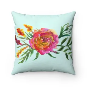 Blue Pink Rose Pillow, Girlie Floral Print Spun Polyester Square Pillow Case - Made in USA