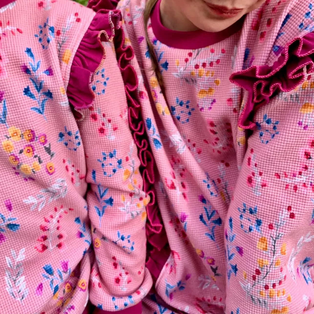 BLUSH WATERCOLOUR FLORAL WAFFLE JERSEY PER METRE SALE