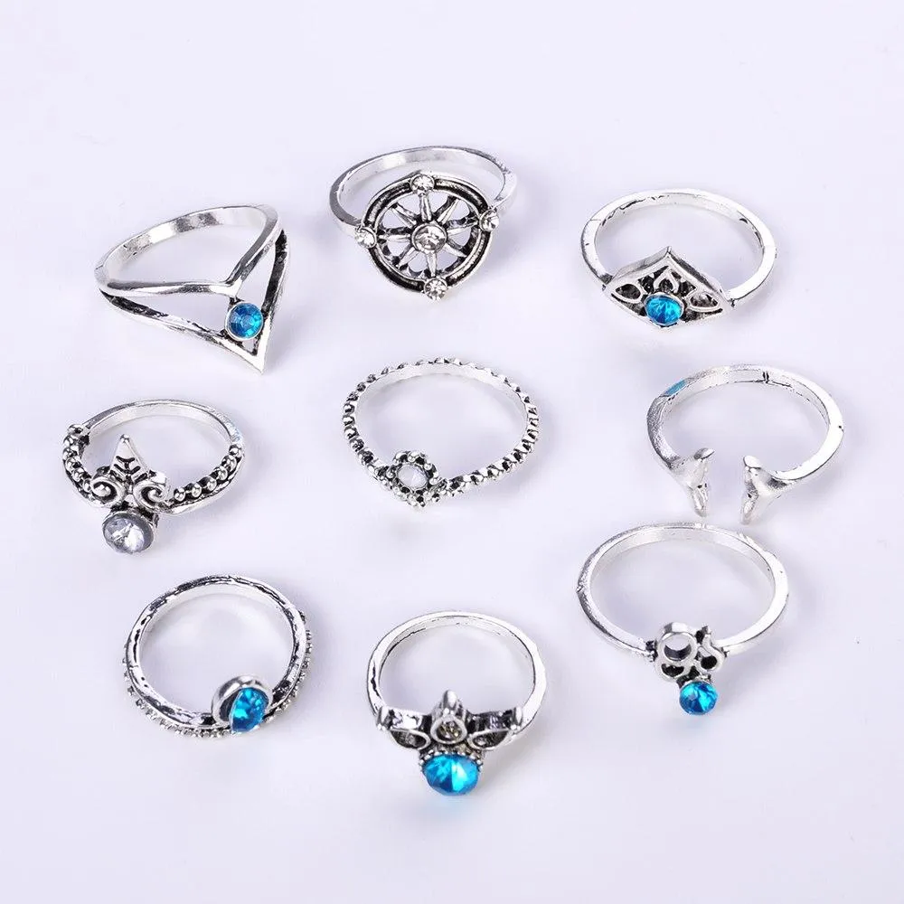 Bohemian 9pcs/Pack Vintage Crystal Rings Lucky Stackable Midi Rings Knuckle Ring Set of Rings for Women Jewelry Party