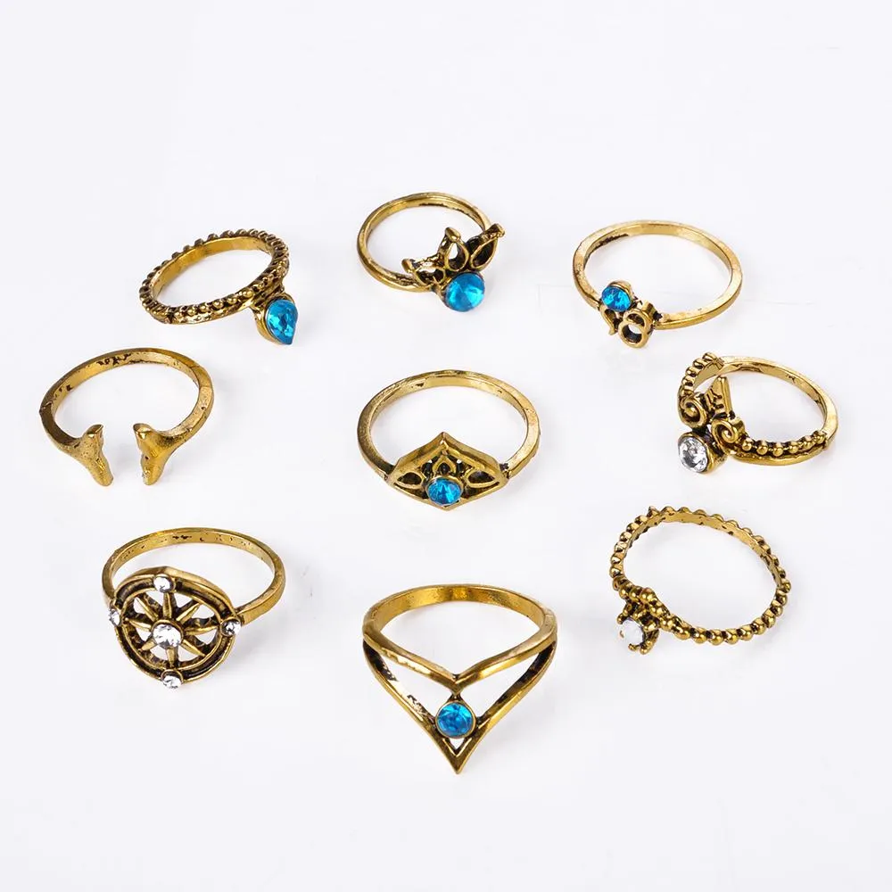 Bohemian 9pcs/Pack Vintage Crystal Rings Lucky Stackable Midi Rings Knuckle Ring Set of Rings for Women Jewelry Party
