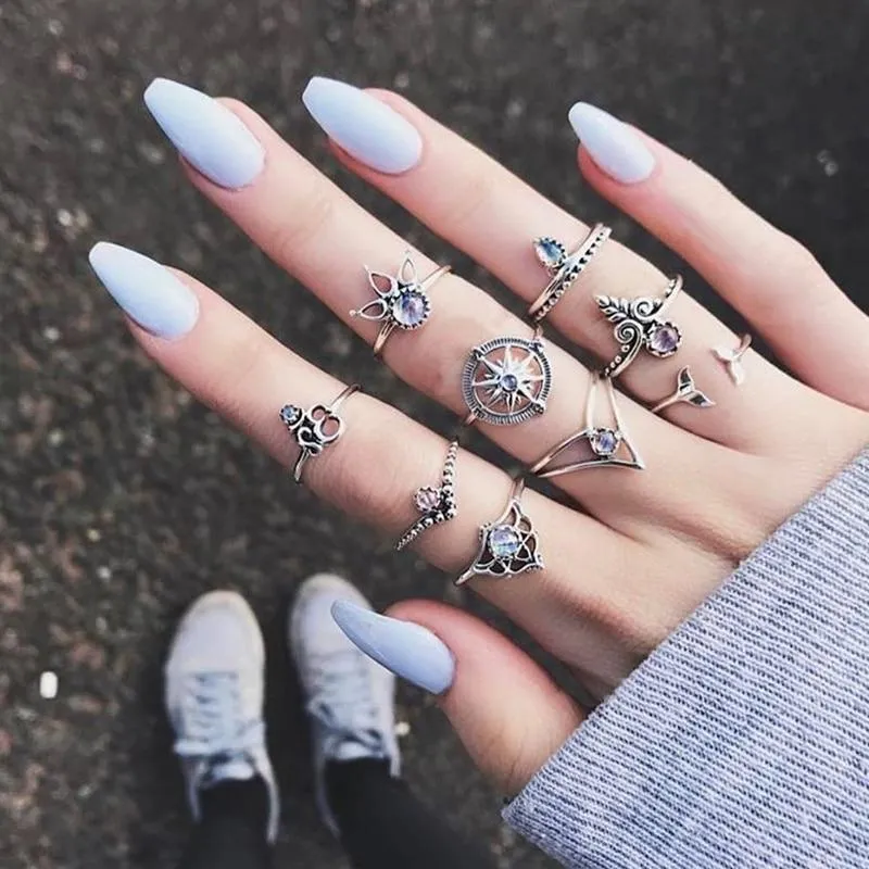 Bohemian 9pcs/Pack Vintage Crystal Rings Lucky Stackable Midi Rings Knuckle Ring Set of Rings for Women Jewelry Party