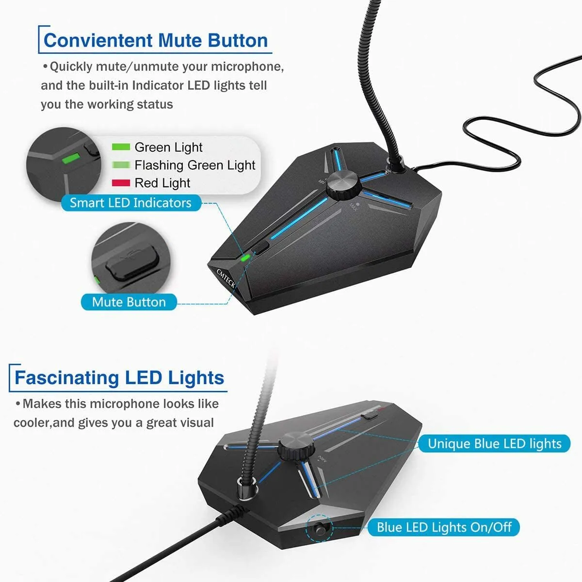 CMTECK Computer Microphone, G006Plus USB Desktop Condenser PC Laptop Mic, Mute Button with LED Indicators, Compatible with Windows/Mac (With Volume Knob)