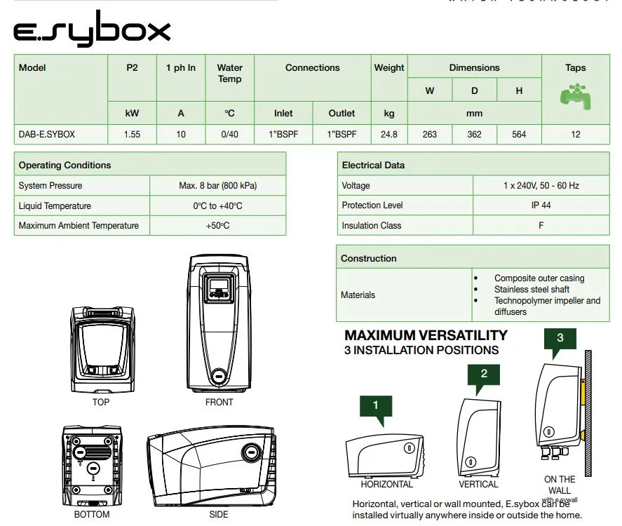 DAB E.SYBOX LARGE 1.55kW Variable Speed Pressure Boosting Pump (Max 120LPM/610kPa)