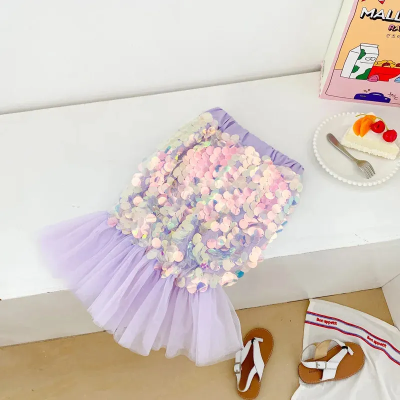 Girls Mother Summer Kawaii Purple Sequin Mermaid Tail Shine Princess Short Mini Skirt 2 to 8 Years Kids Child Pink Tulle Clothes