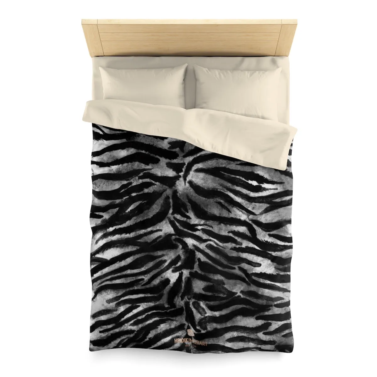Gray Tiger Striped Duvet Cover, Black Bengal Tiger Print Queen/ Twin Size Microfiber Cover