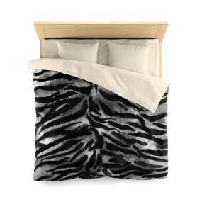 Gray Tiger Striped Duvet Cover, Black Bengal Tiger Print Queen/ Twin Size Microfiber Cover