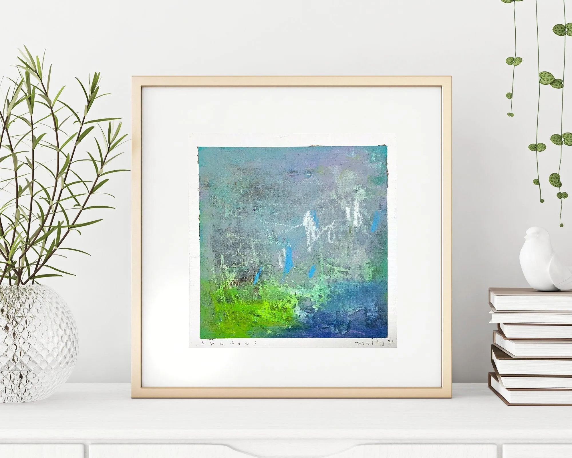 Green and teal small Abstract art modern home decor on cardboard painting 10x10 by Camilo Mattis