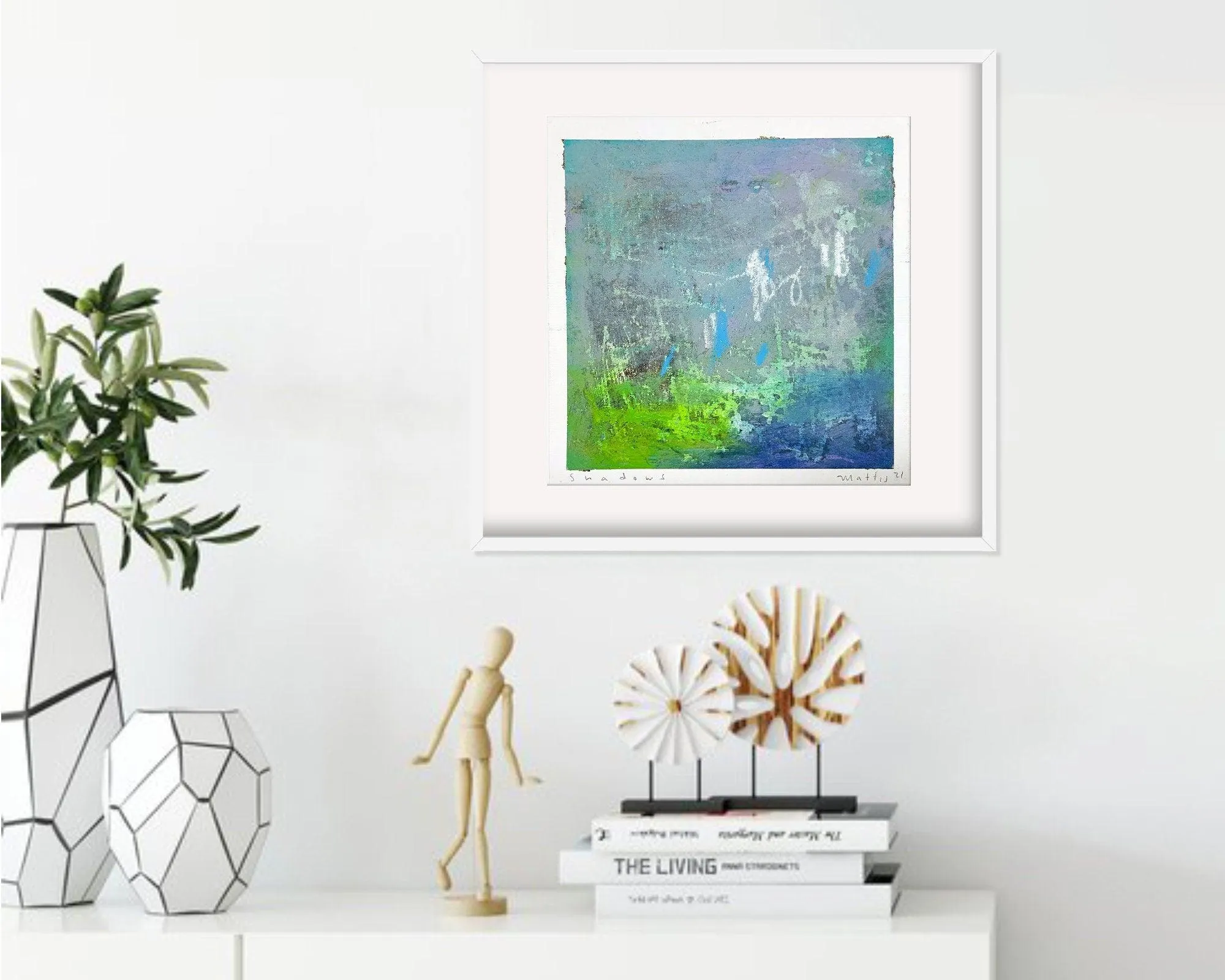 Green and teal small Abstract art modern home decor on cardboard painting 10x10 by Camilo Mattis